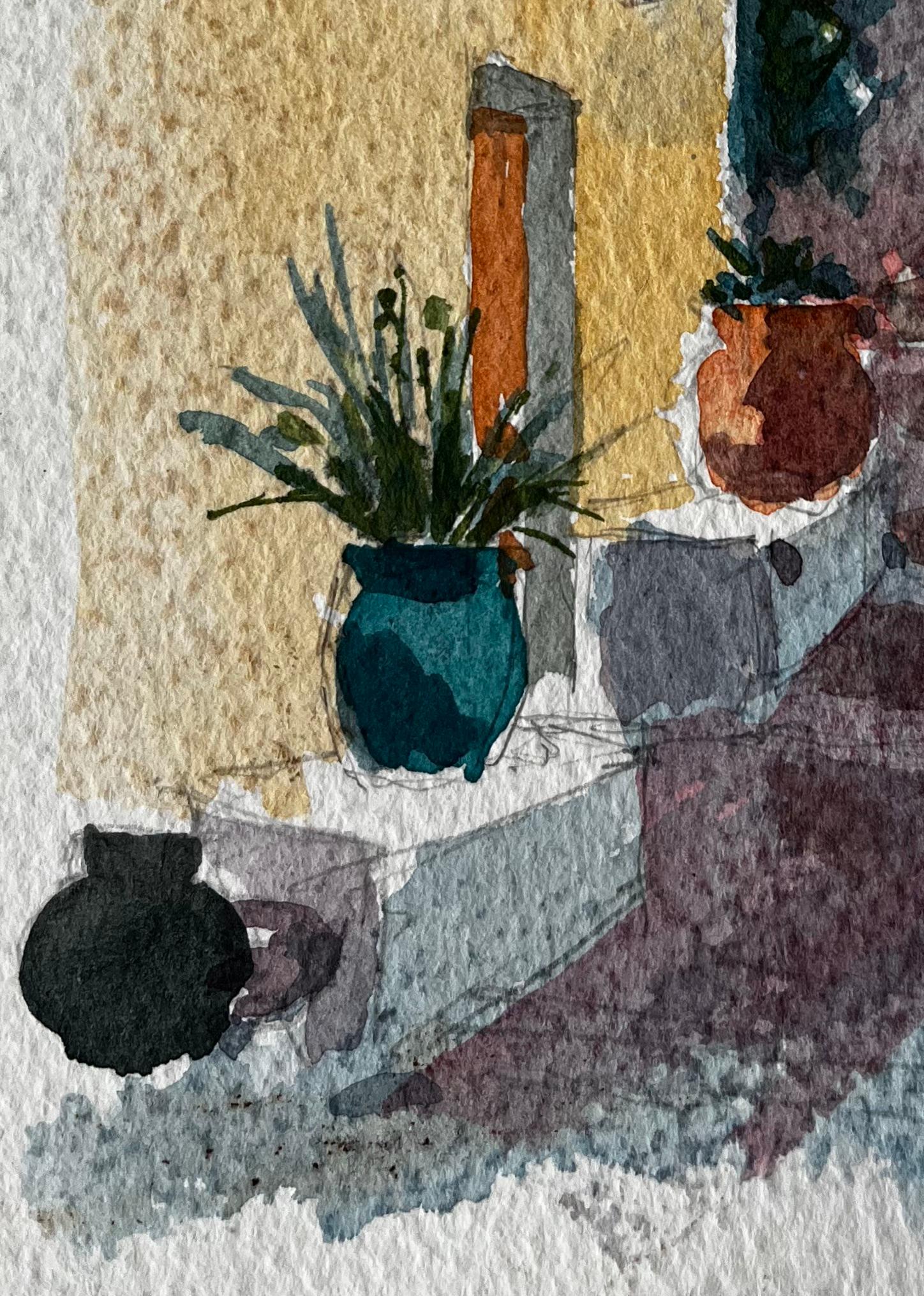 Strada illuminata dal sole con vasi e gradini in terracotta nel villaggio francese di Roquemaure - Painting Postimpressionismo di Pierre Neveu