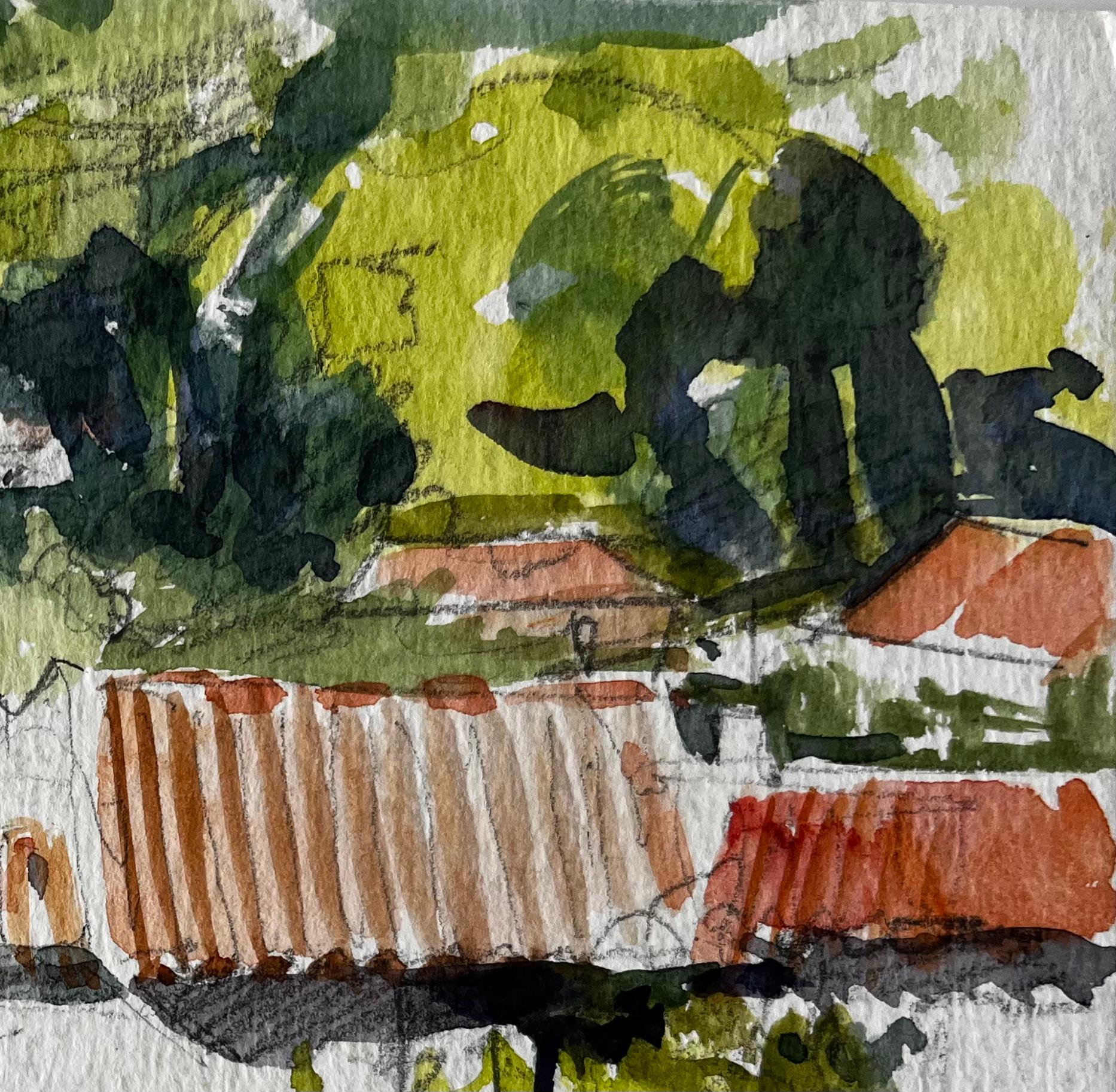 Häuser auf dem Lande in der Nähe von Château de Culinon Französische Landschaft (Braun), Landscape Art, von Pierre Neveu