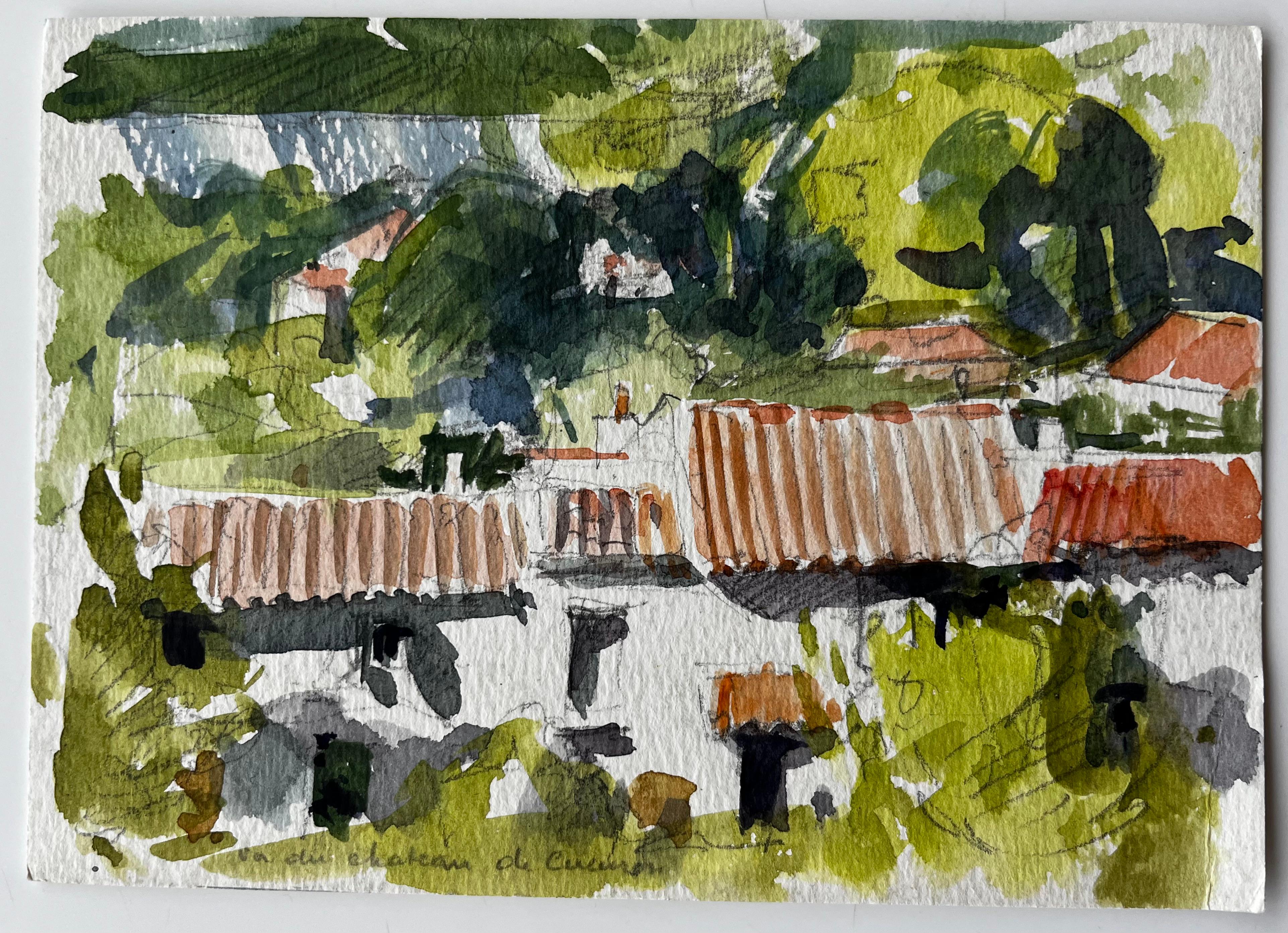 Häuser auf dem Lande in der Nähe von Château de Culinon Französische Landschaft – Art von Pierre Neveu