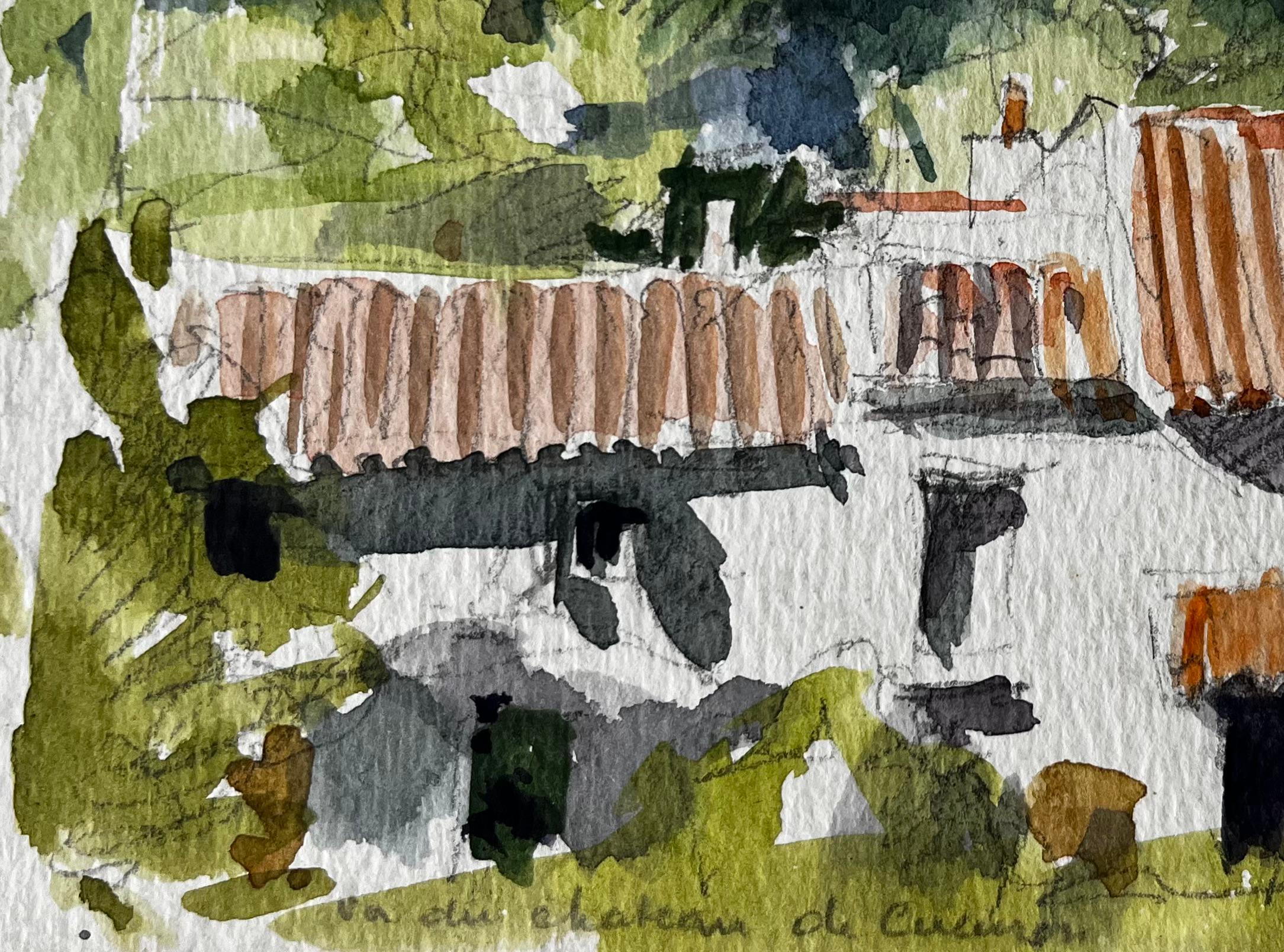 Titel: Häuser auf dem Lande bei Château de Culinon Französische Landschaft
Künstler: Pierre Neveu (Franzose, geb. 1929)
Medium: Aquarell auf Künstlerpapier, ungerahmt
Größe (H x B): 7,5 x 5,25 Zoll
Signiert: Unten in der Mitte bezeichnet 