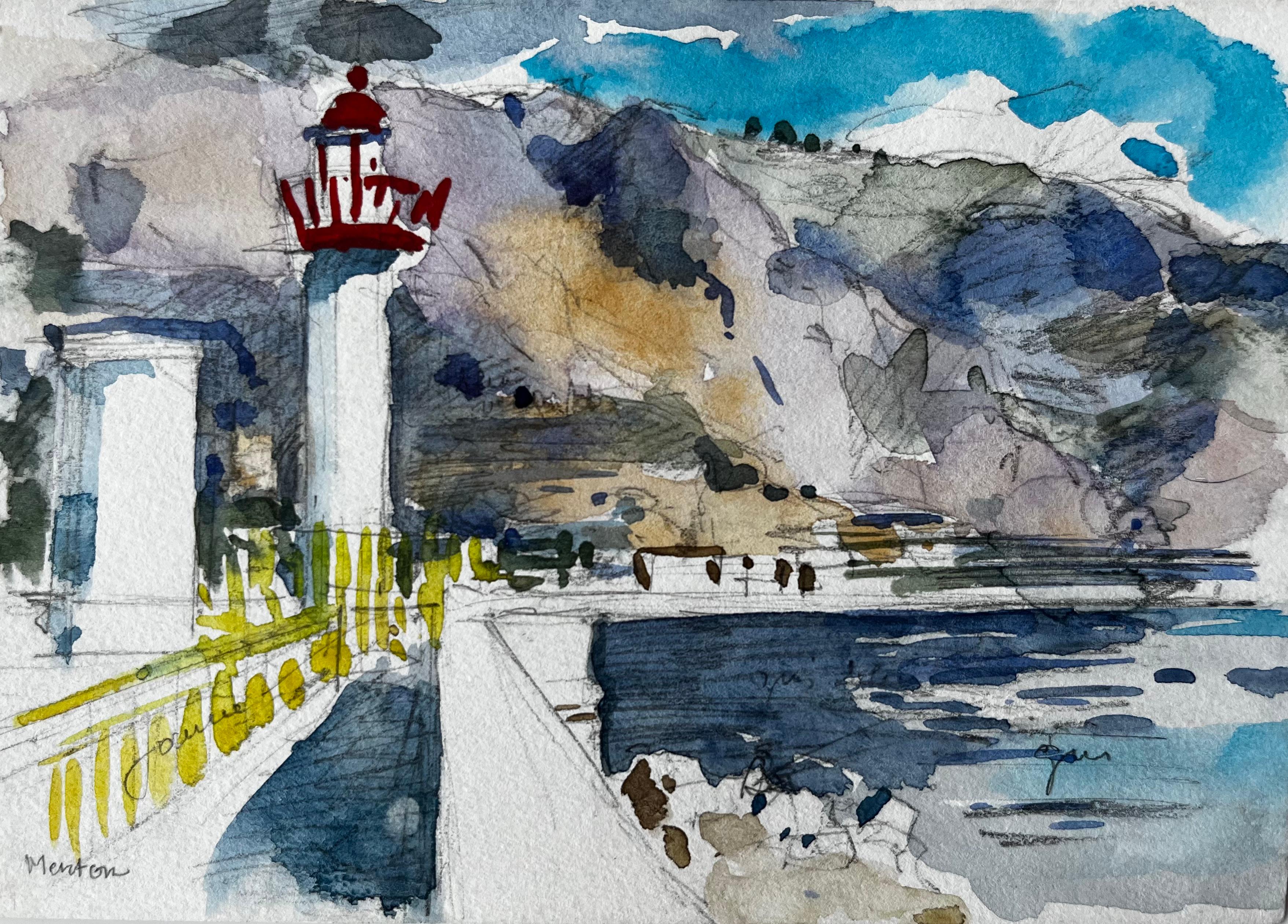 Pierre Neveu Figurative Painting - Menton Lighthouse and Coastal Promenade French Riviera Study
