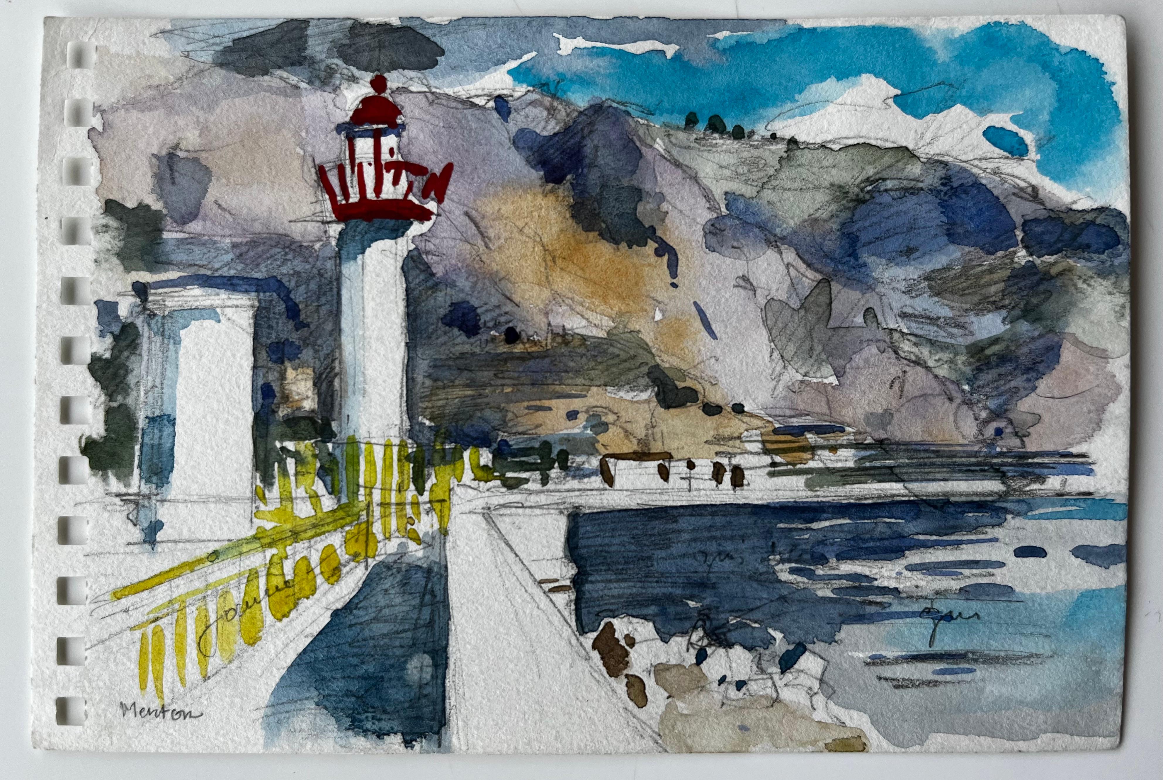 Menton Lighthouse and Coastal Promenade French Riviera Study - Painting by Pierre Neveu