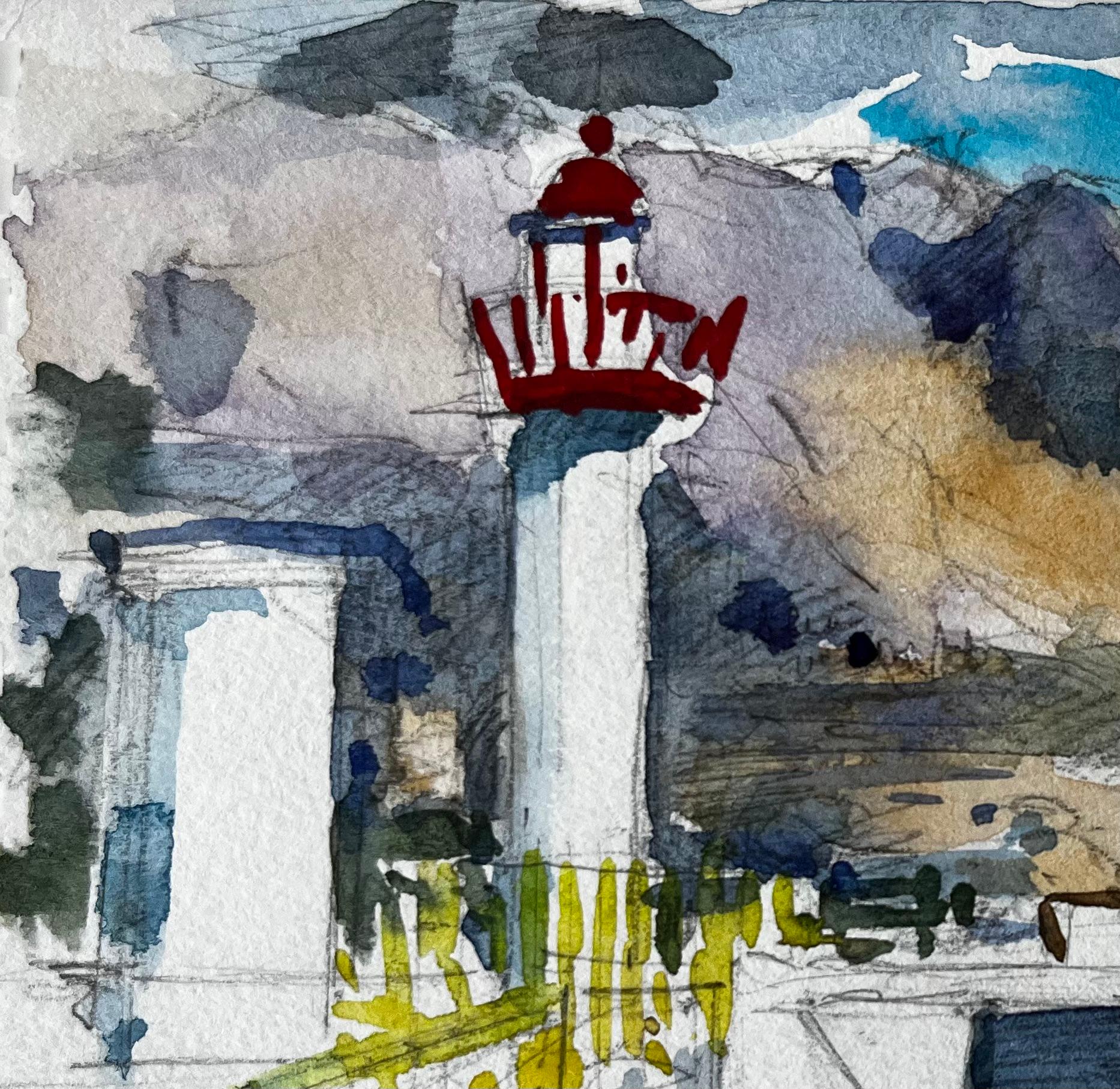 Menton Lighthouse and Coastal Promenade French Riviera Study - Post-Impressionist Painting by Pierre Neveu