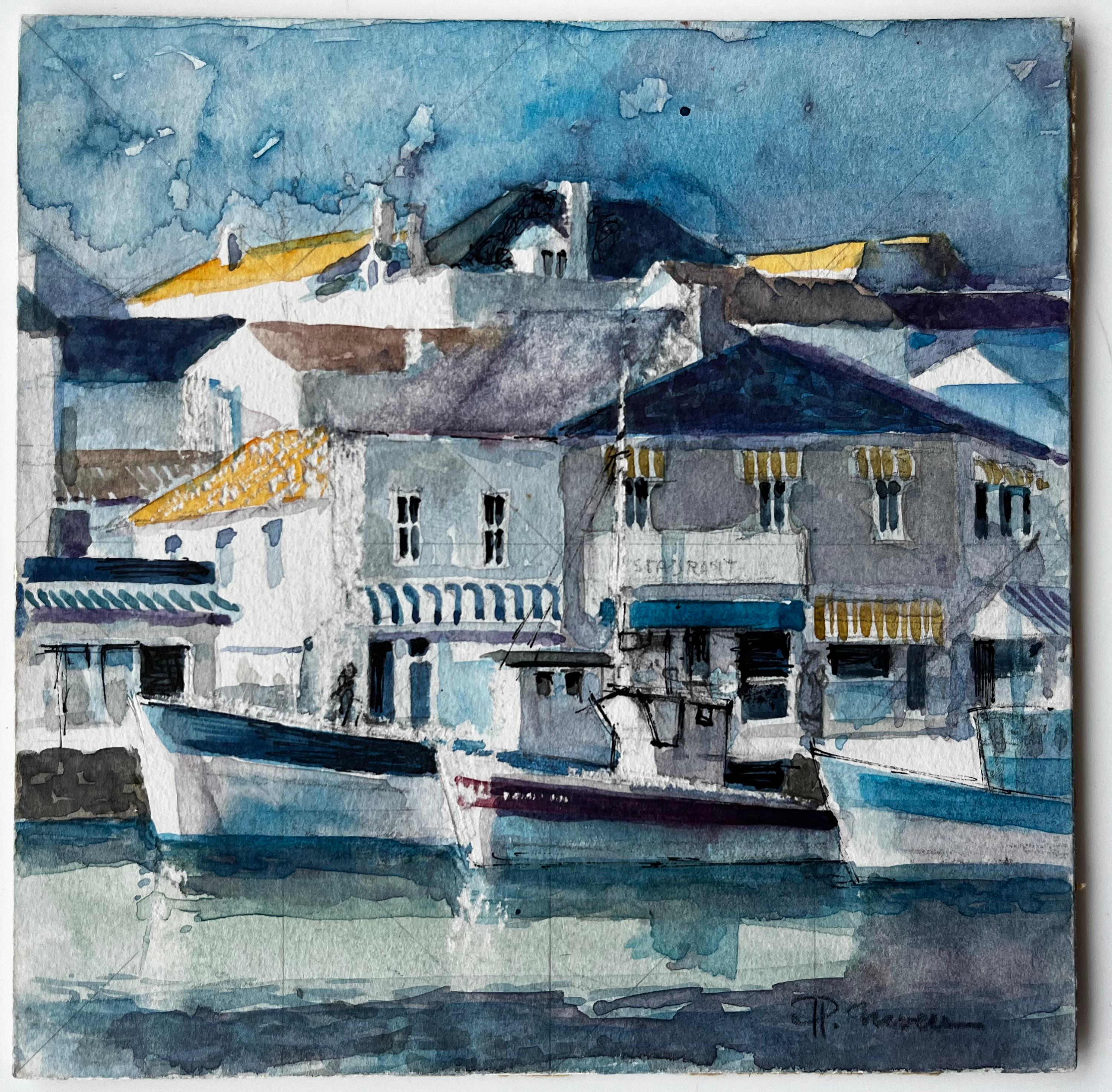 Bateaux de pêche et maisons du front de mer Scène portuaire méditerranéenne française - Art de Pierre Neveu