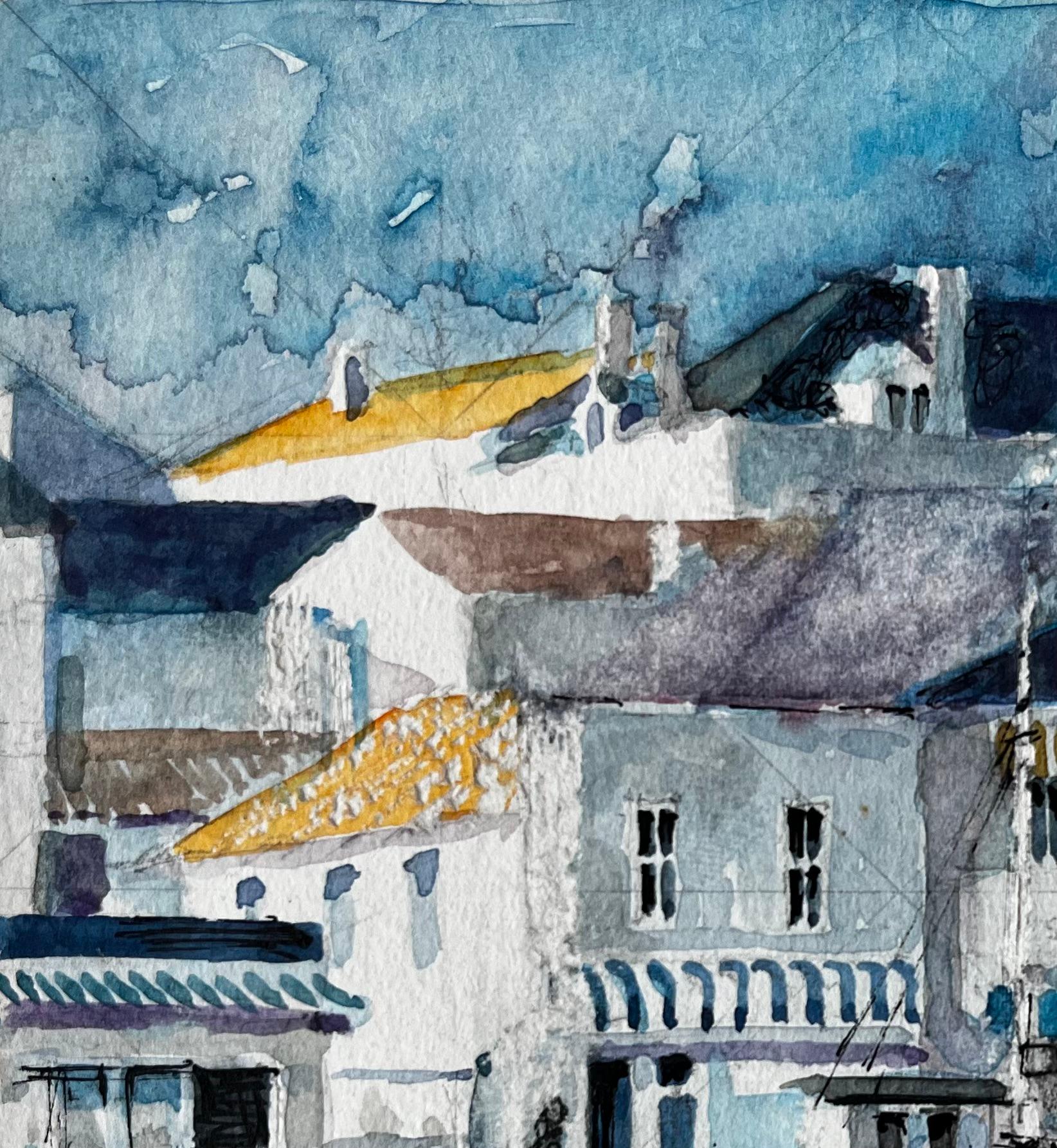 Bateaux de pêche et maisons du front de mer Scène portuaire méditerranéenne française - Post-impressionnisme Art par Pierre Neveu