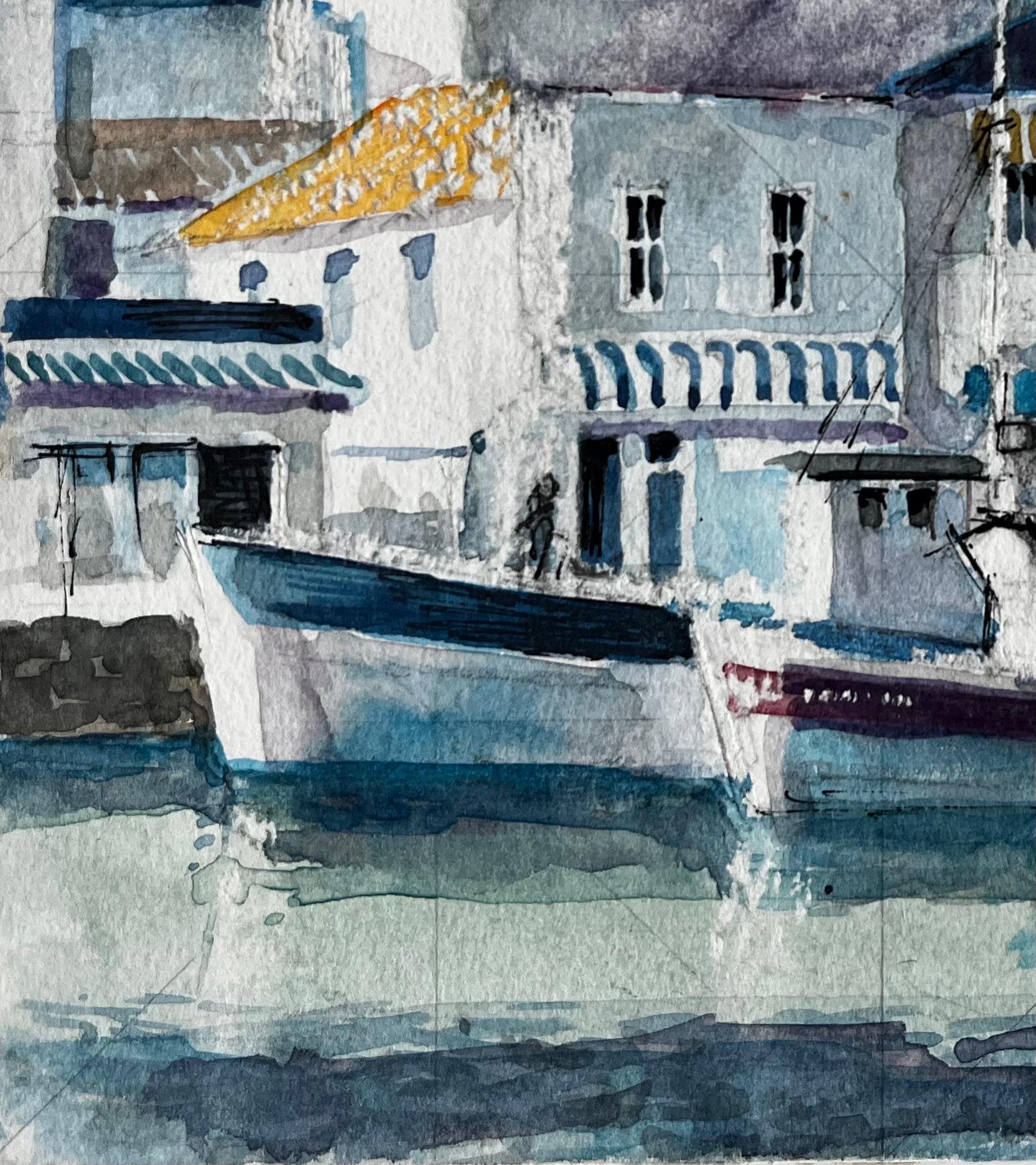 Bateaux de pêche et maisons du front de mer Scène portuaire méditerranéenne française en vente 1