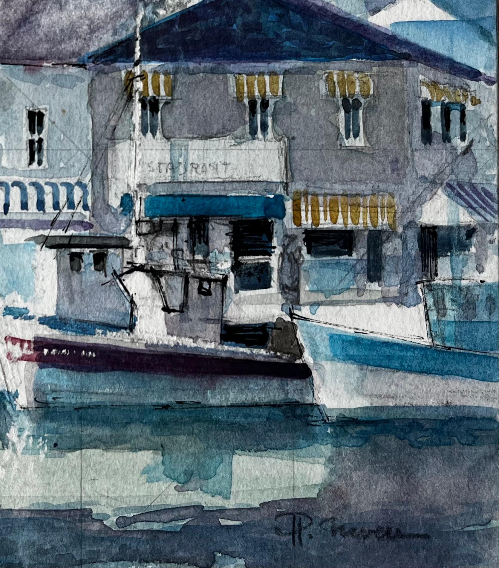 Titre : Bateaux de pêche et maisons du front de mer Scène portuaire méditerranéenne française
Artistics : Pierre Neveu (français né en 1929)
Support : Aquarelle sur carte, non encadrée
Taille (H x L) : 5.75 x 5.75 pouces
Signé : En bas à droite, 