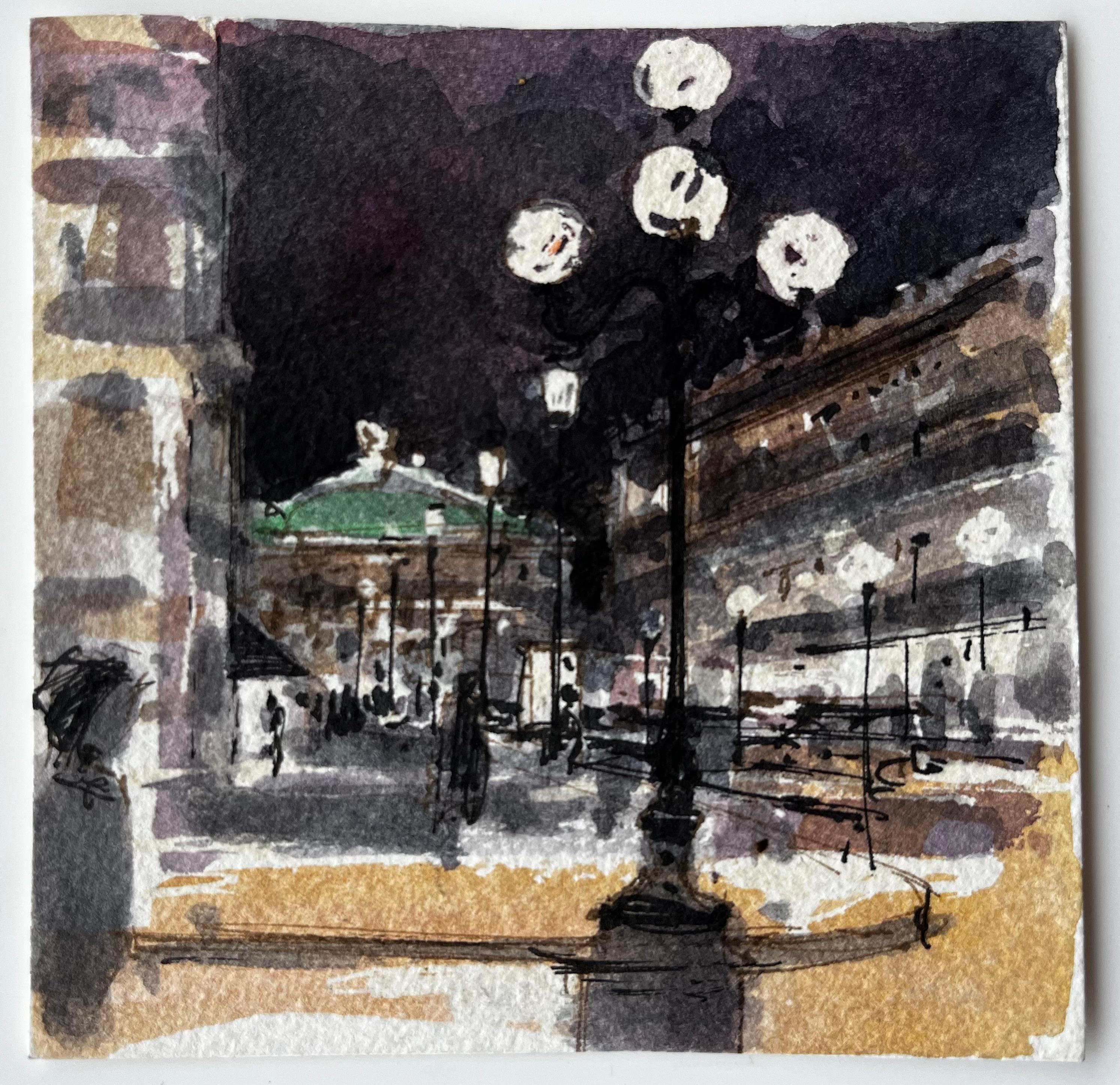 La calle de París de noche con la luz de las lámparas y la Ópera del Palais Garnier - Painting de Pierre Neveu