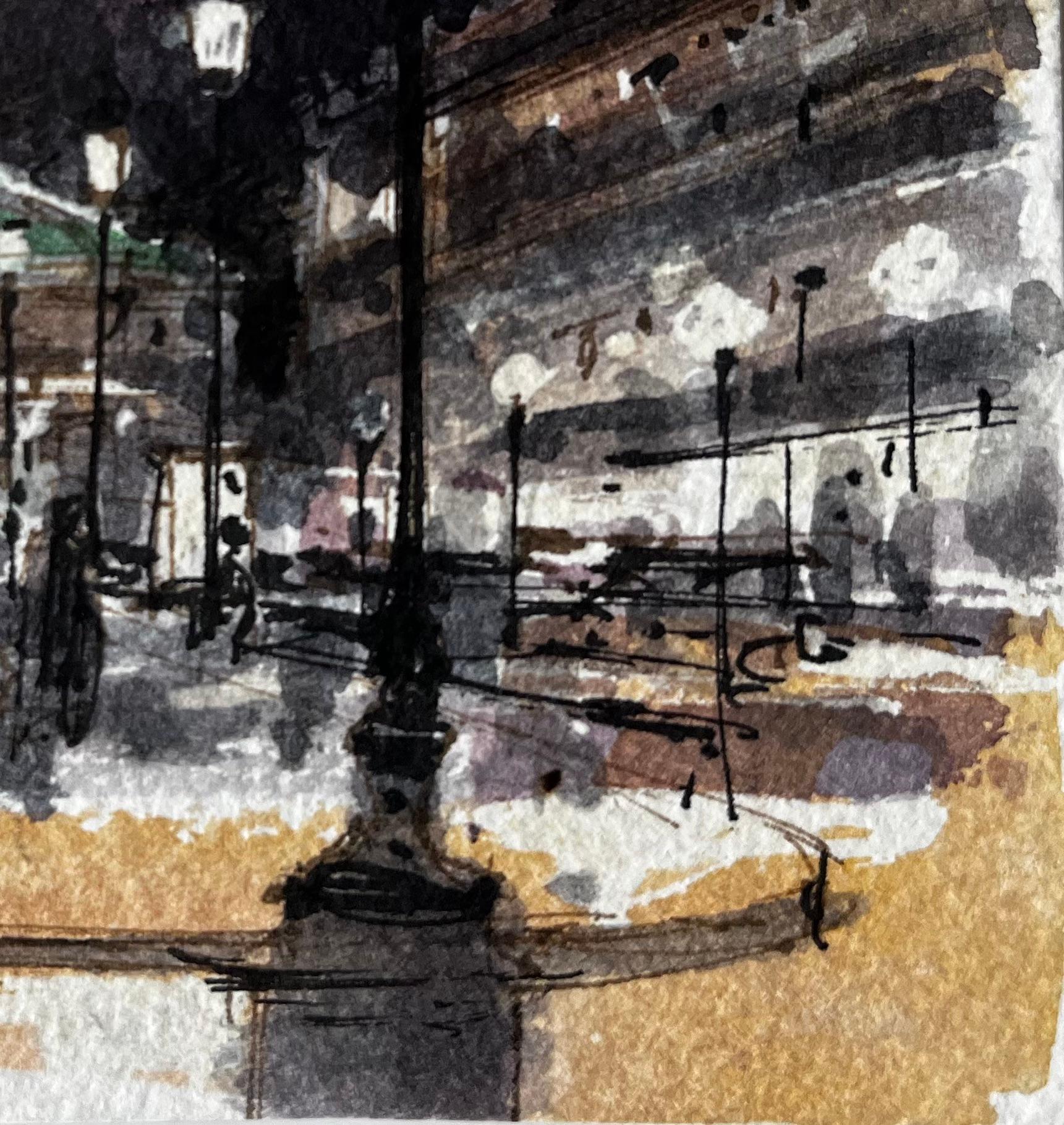 La calle de París de noche con la luz de las lámparas y la Ópera del Palais Garnier - Painting Posimpresionista de Pierre Neveu