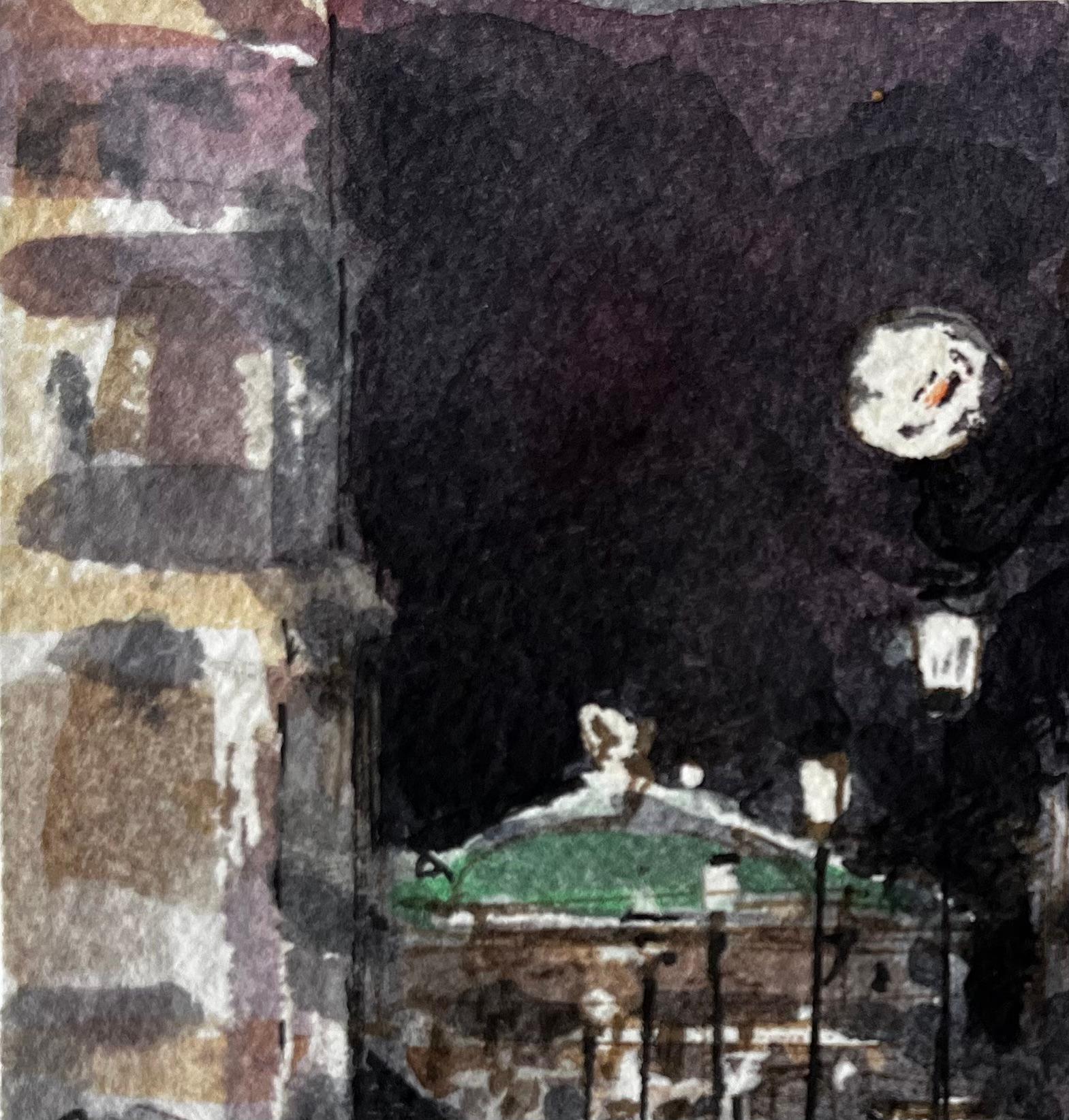 Título: La calle de París de noche con la luz de las lámparas y la Ópera del Palais Garnier
Artista: Pierre Neveu (francés n.1929)
Técnica: Acuarela sobre papel de artista, sin enmarcar
Tamaño (A x A): 4,25 x 4,25 pulgadas
Estado: bueno en general;