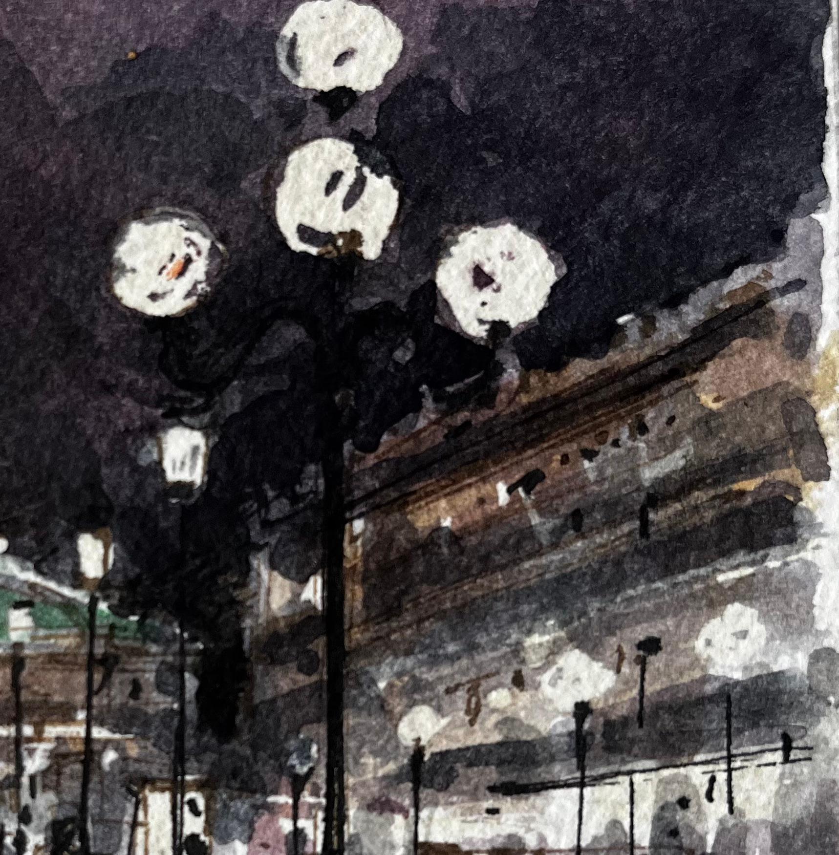 La calle de París de noche con la luz de las lámparas y la Ópera del Palais Garnier - Figurative Painting Negro de Pierre Neveu