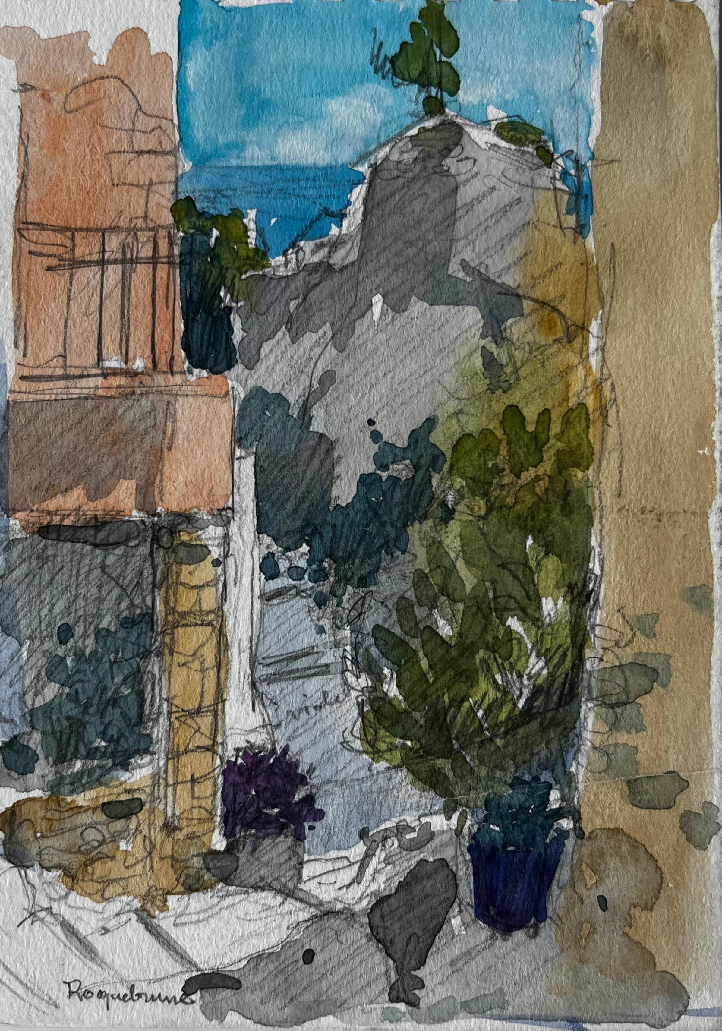 Roquebrune Village Pathway with Distant Sea View French Riviera Study