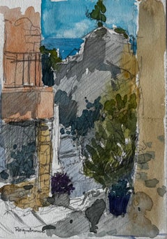 Roquebrune Village Pathway with Distant Sea View French Riviera Study
