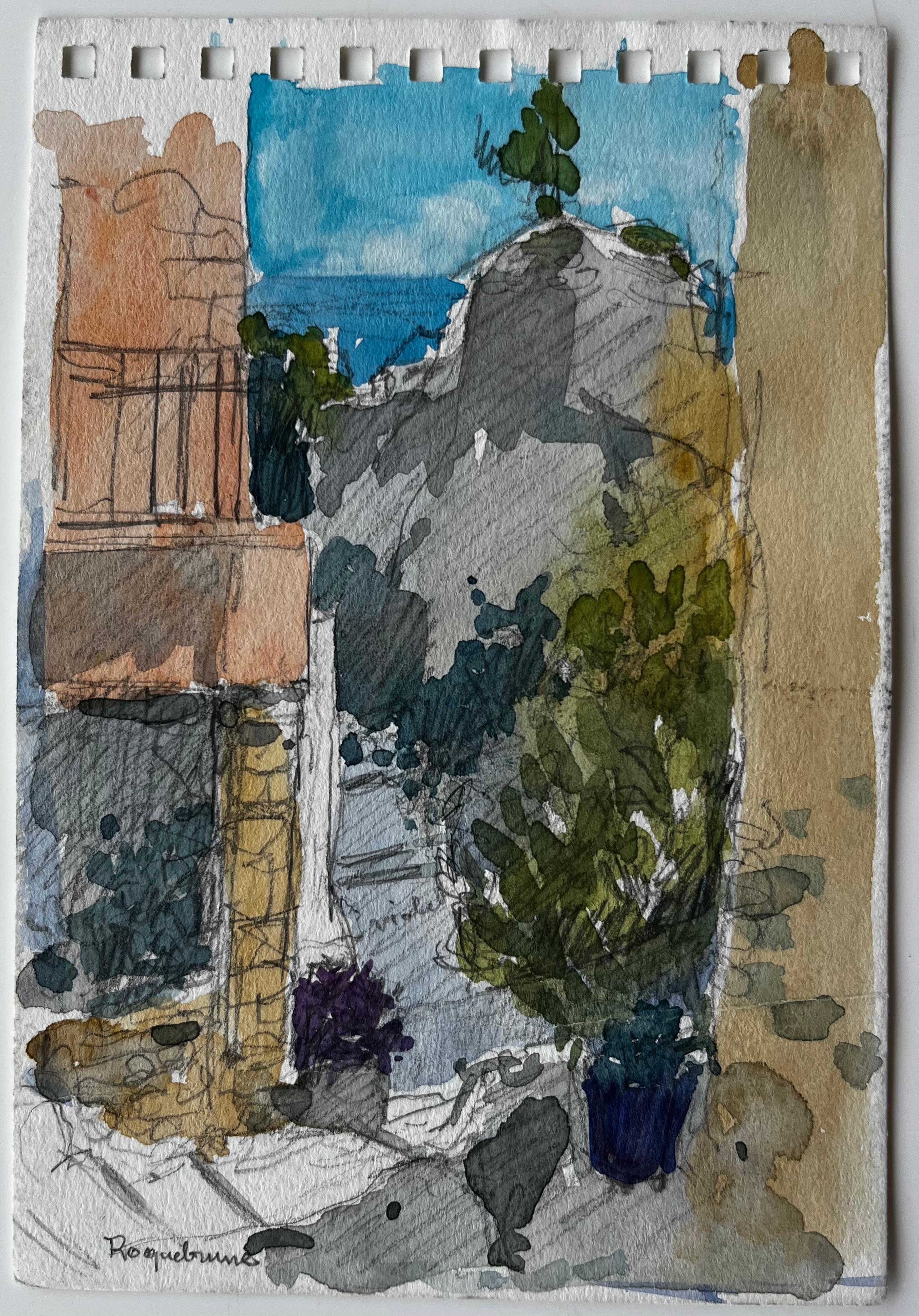 Roquebrune Village Pathway with Distant Sea View French Riviera Study - Painting by Pierre Neveu