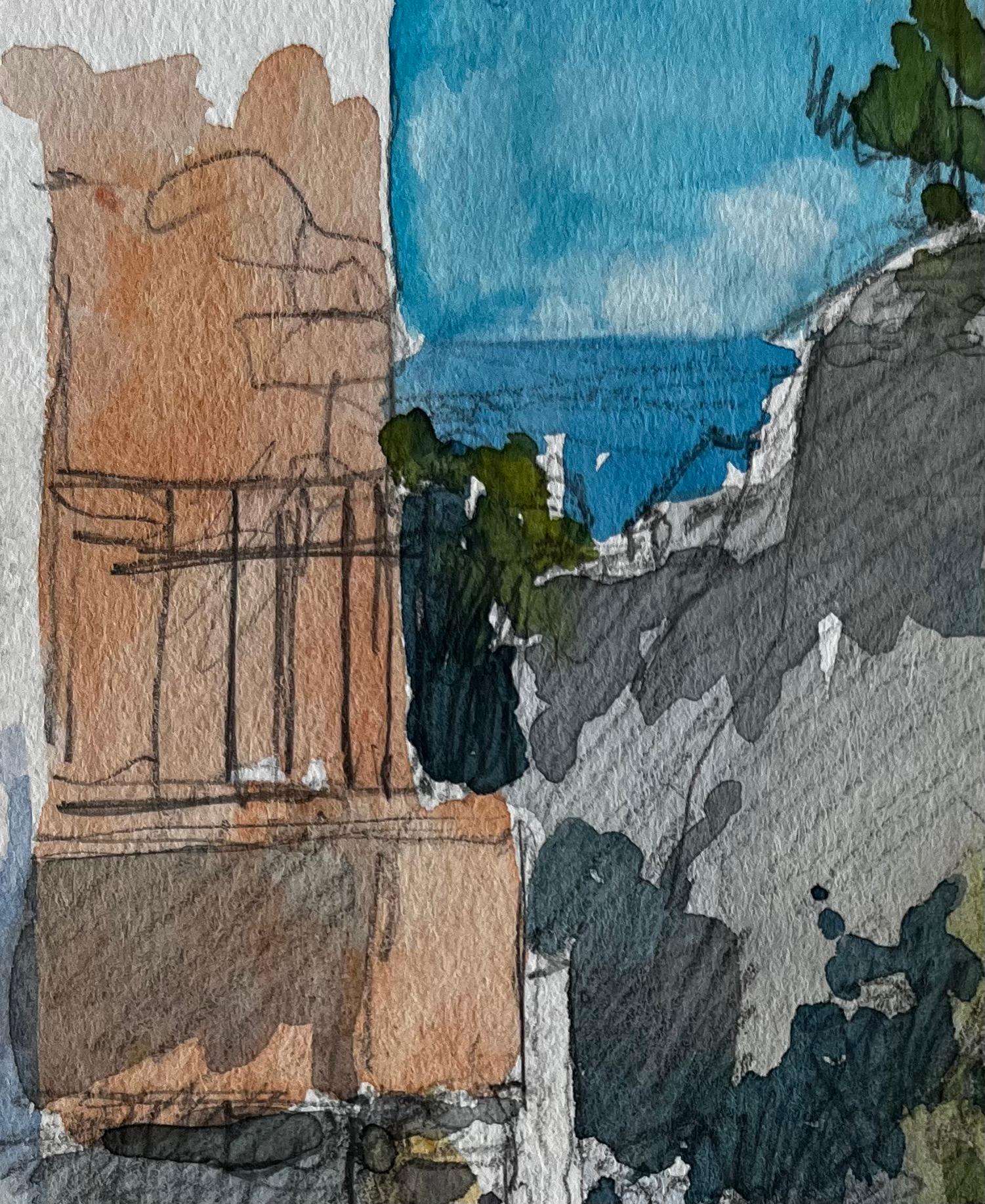 Roquebrune Village Pathway with Distant Sea View French Riviera Study - Post-Impressionist Painting by Pierre Neveu