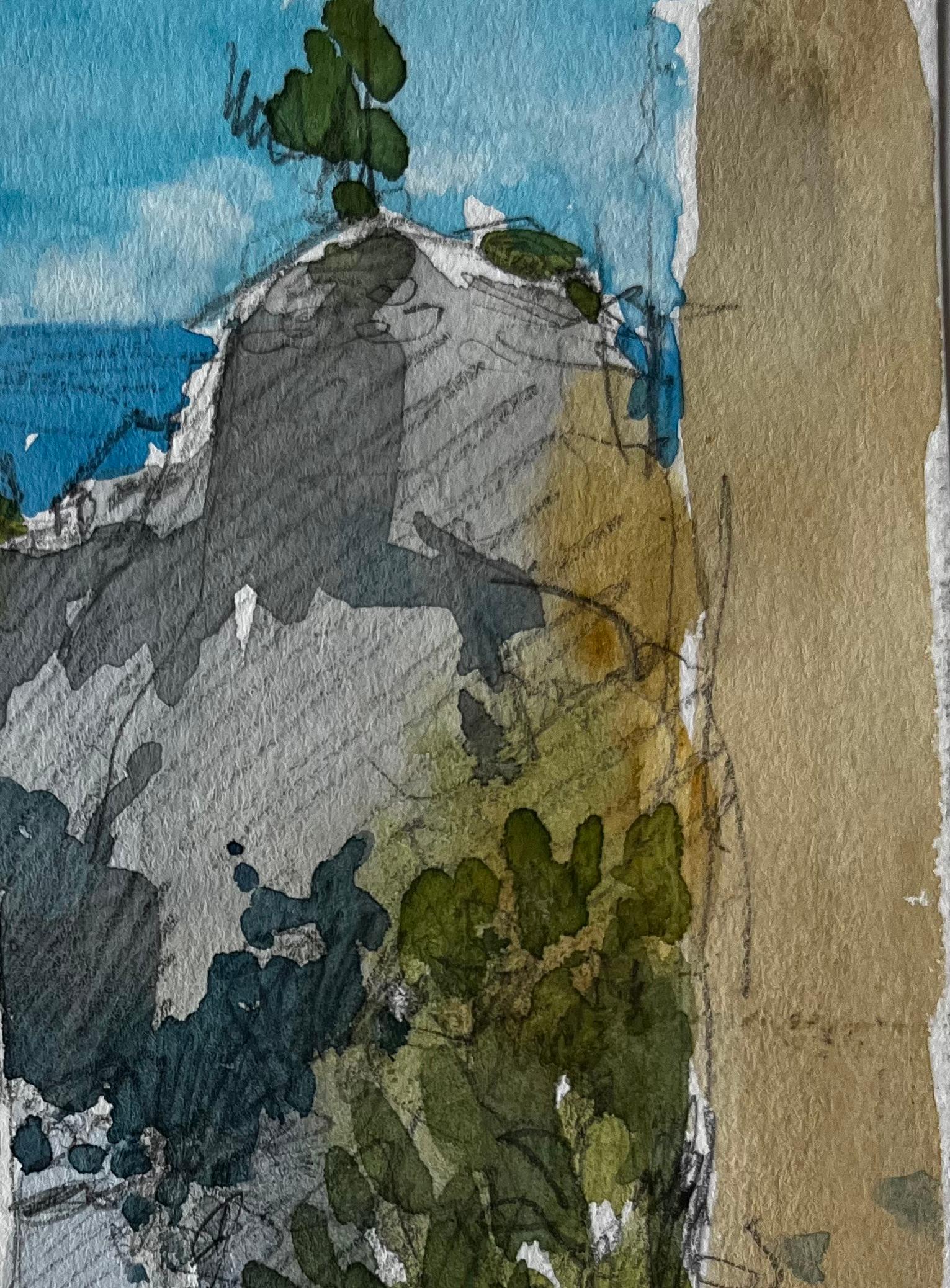 Roquebrune Village Pathway with Distant Sea View French Riviera Study - Gray Figurative Painting by Pierre Neveu