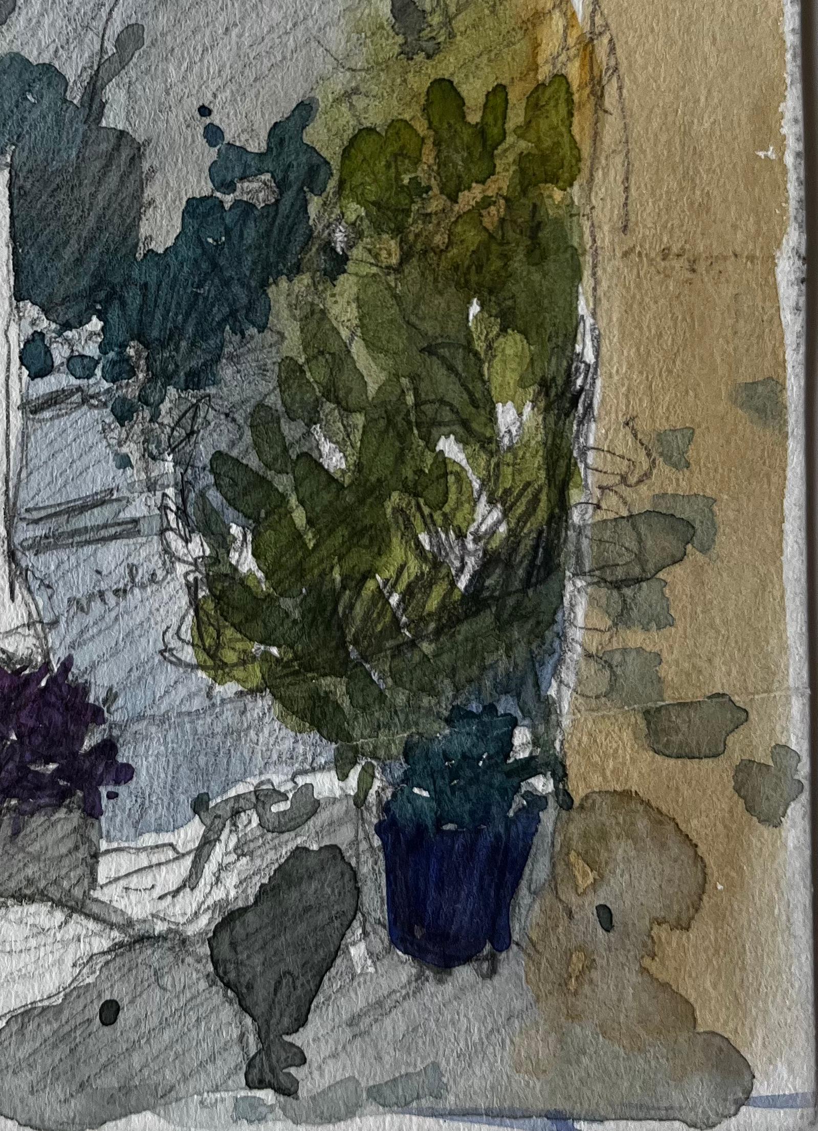 Title: Roquebrune Village Pathway with Distant Sea View French Riviera Study
Artist: Pierre Neveu (French b.1929)
Medium: Watercolour on artists paper, unframed
Size (H x W): 6 x 4.25 inches
Condition: good overall; faint handling to edges,