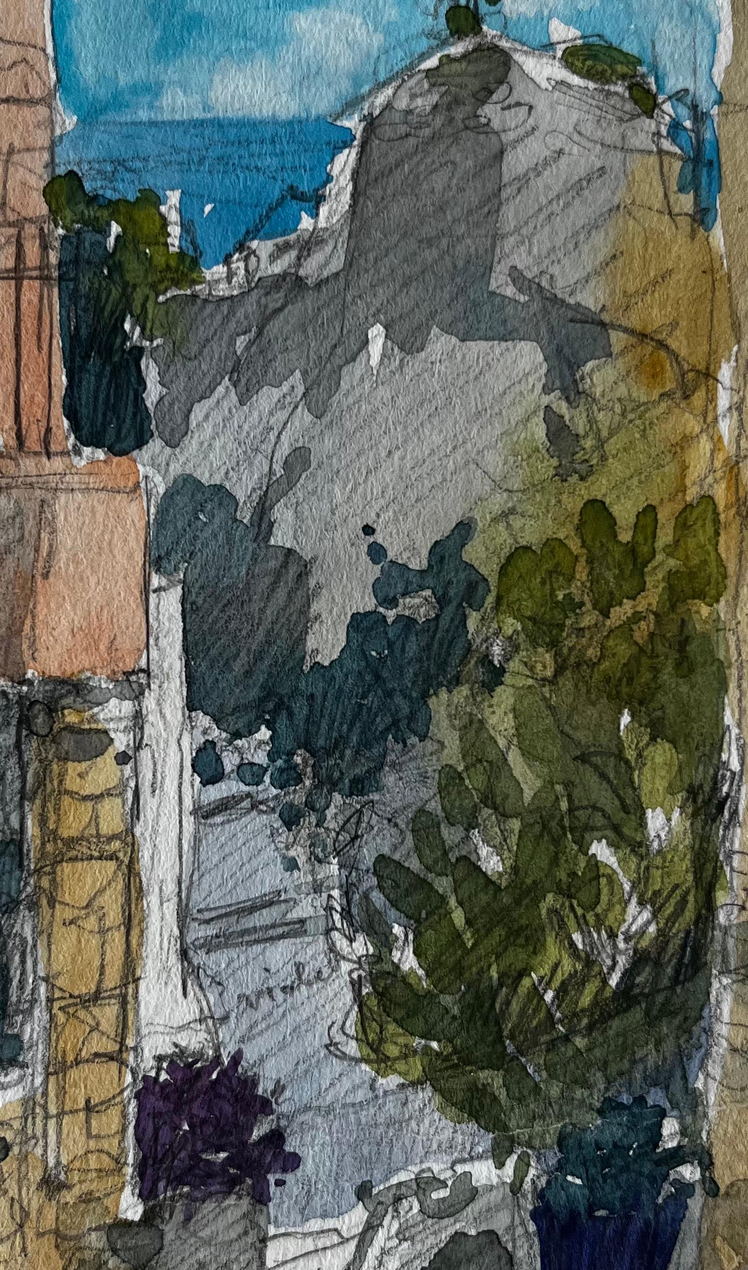 Roquebrune Village Pathway with Distant Sea View French Riviera Study For Sale 2