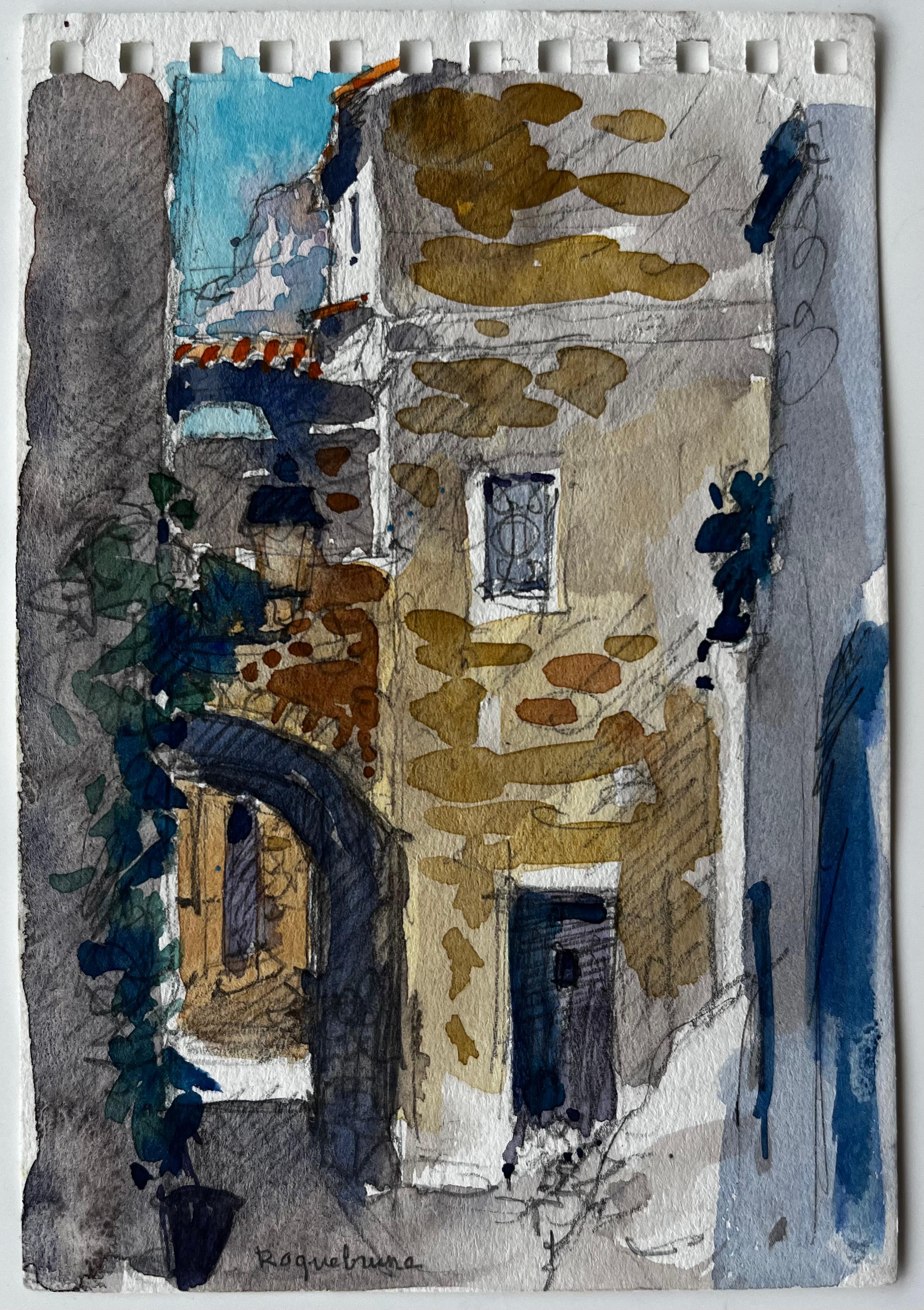 Roquebrune Steinbogen und sonnenbeschienene Fassade Straßenszene an der französischen Riviera – Painting von Pierre Neveu