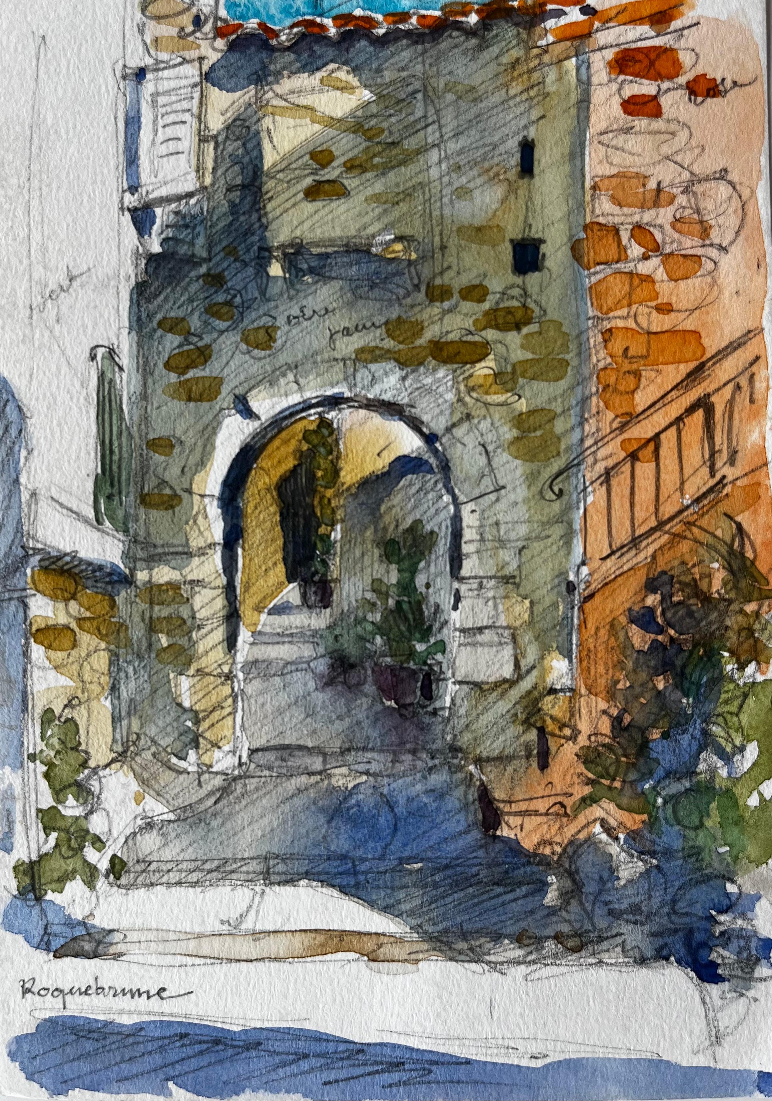 Figurative Painting di Pierre Neveu - Arco di Roquebrune e passaggio illuminato dal sole Studio architettonico della Costa Azzurra