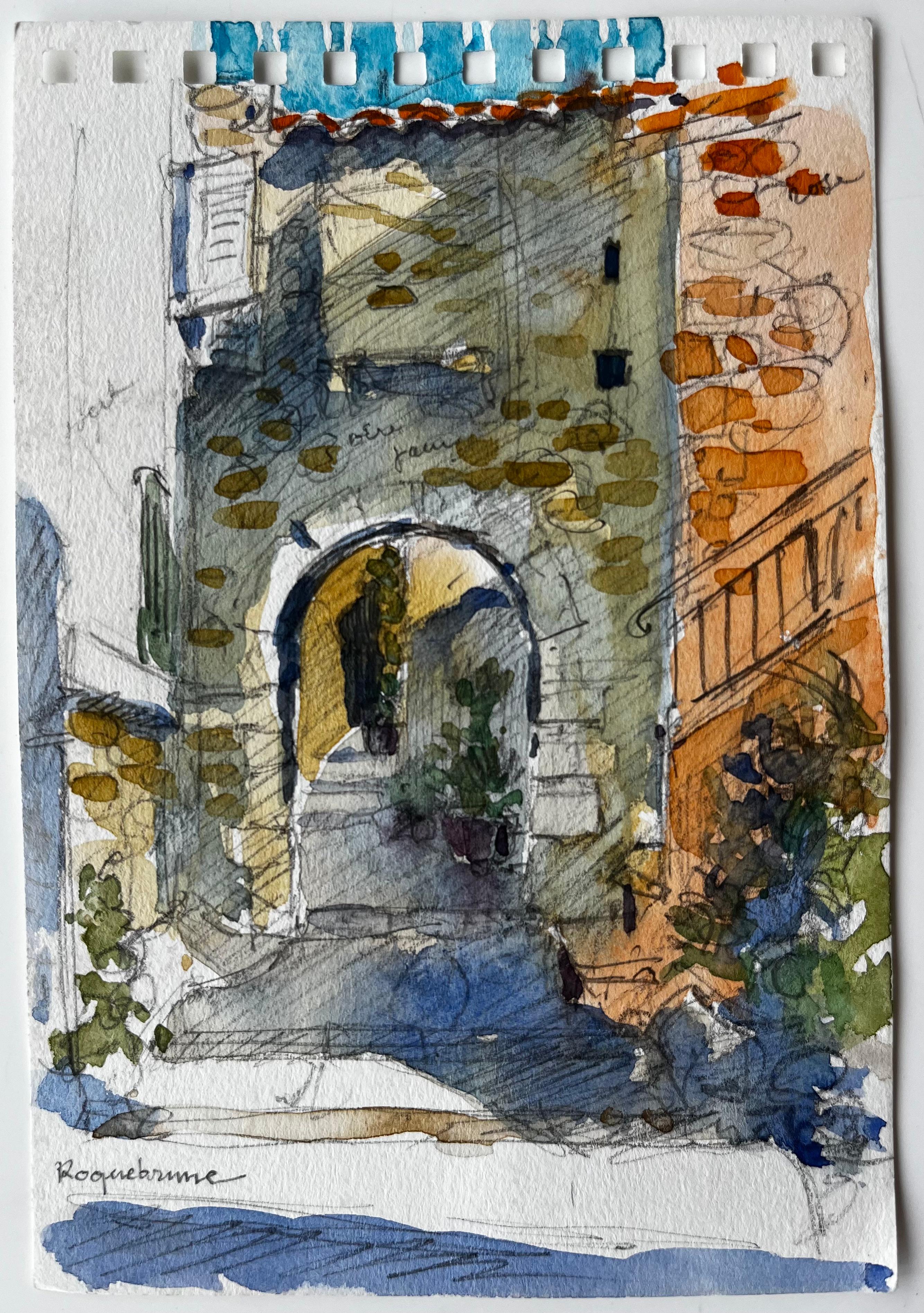 Arco di Roquebrune e passaggio illuminato dal sole Studio architettonico della Costa Azzurra - Painting di Pierre Neveu
