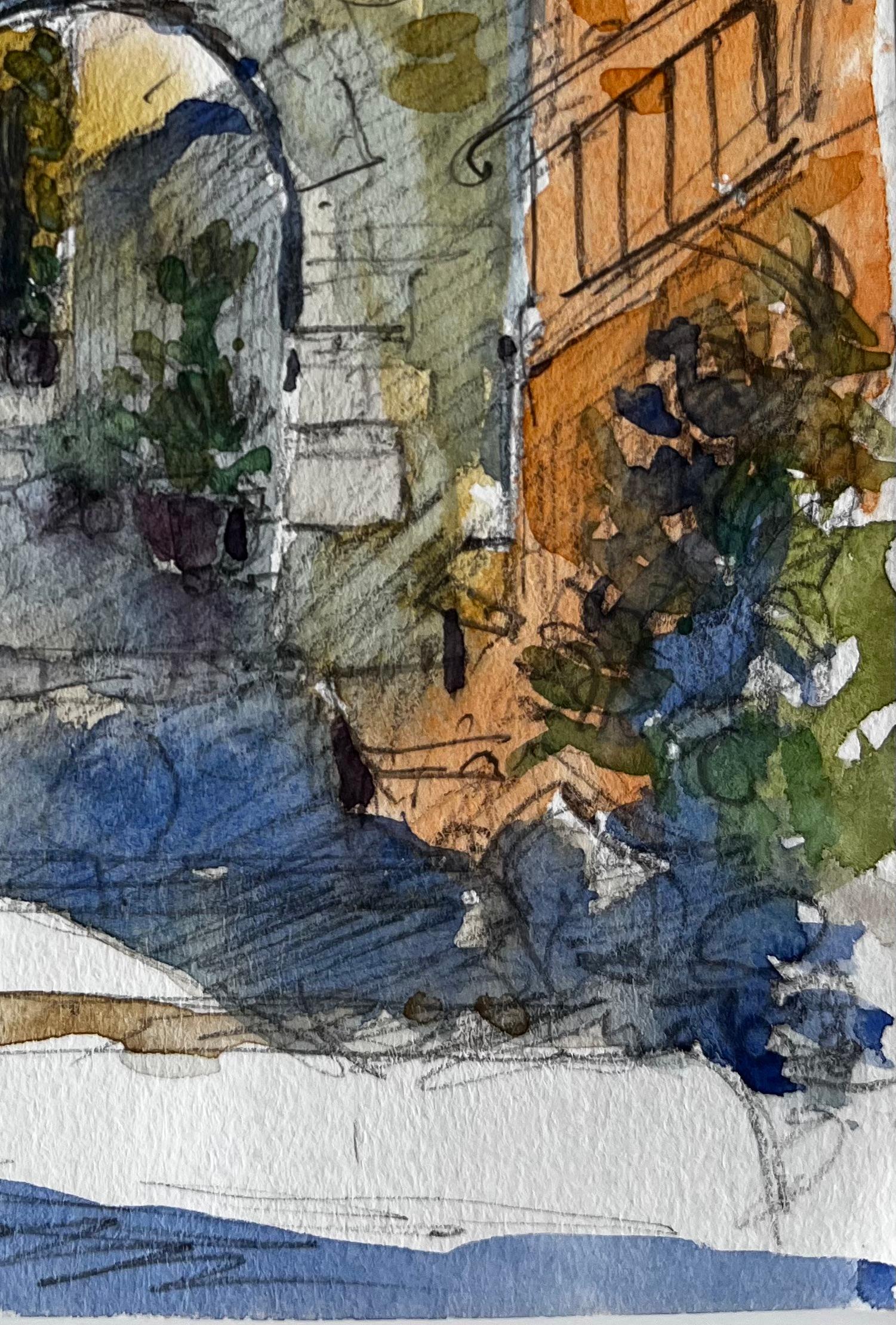 Arco di Roquebrune e passaggio illuminato dal sole Studio architettonico della Costa Azzurra - Figurative Painting Grigio di Pierre Neveu