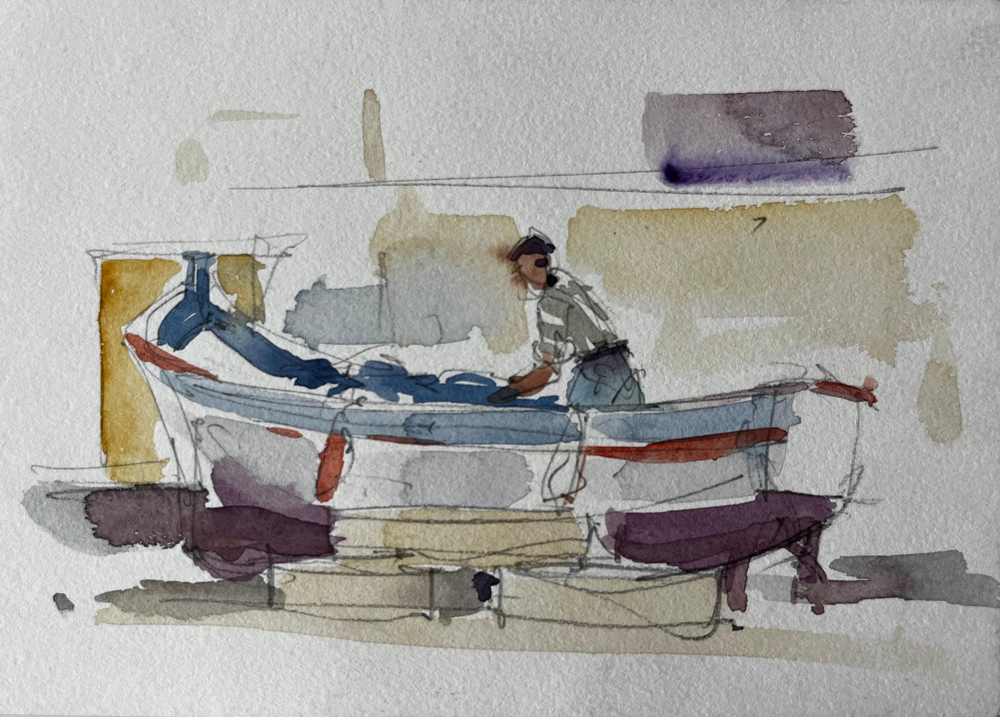 Pêcheur préparant son bateau Étude du port méditerranéen