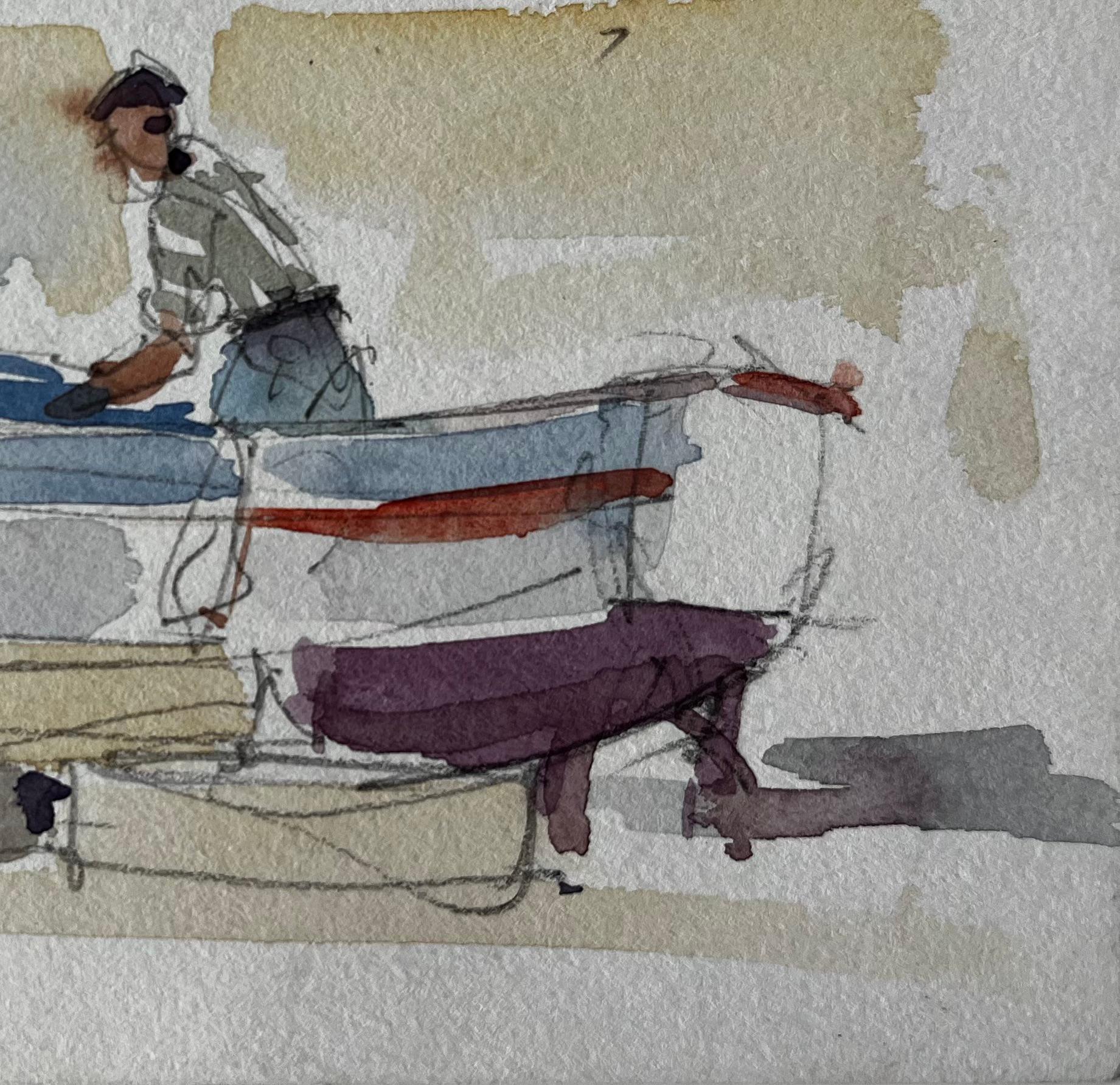 Pêcheur préparant son bateau Étude du port méditerranéen - Post-impressionnisme Art par Pierre Neveu