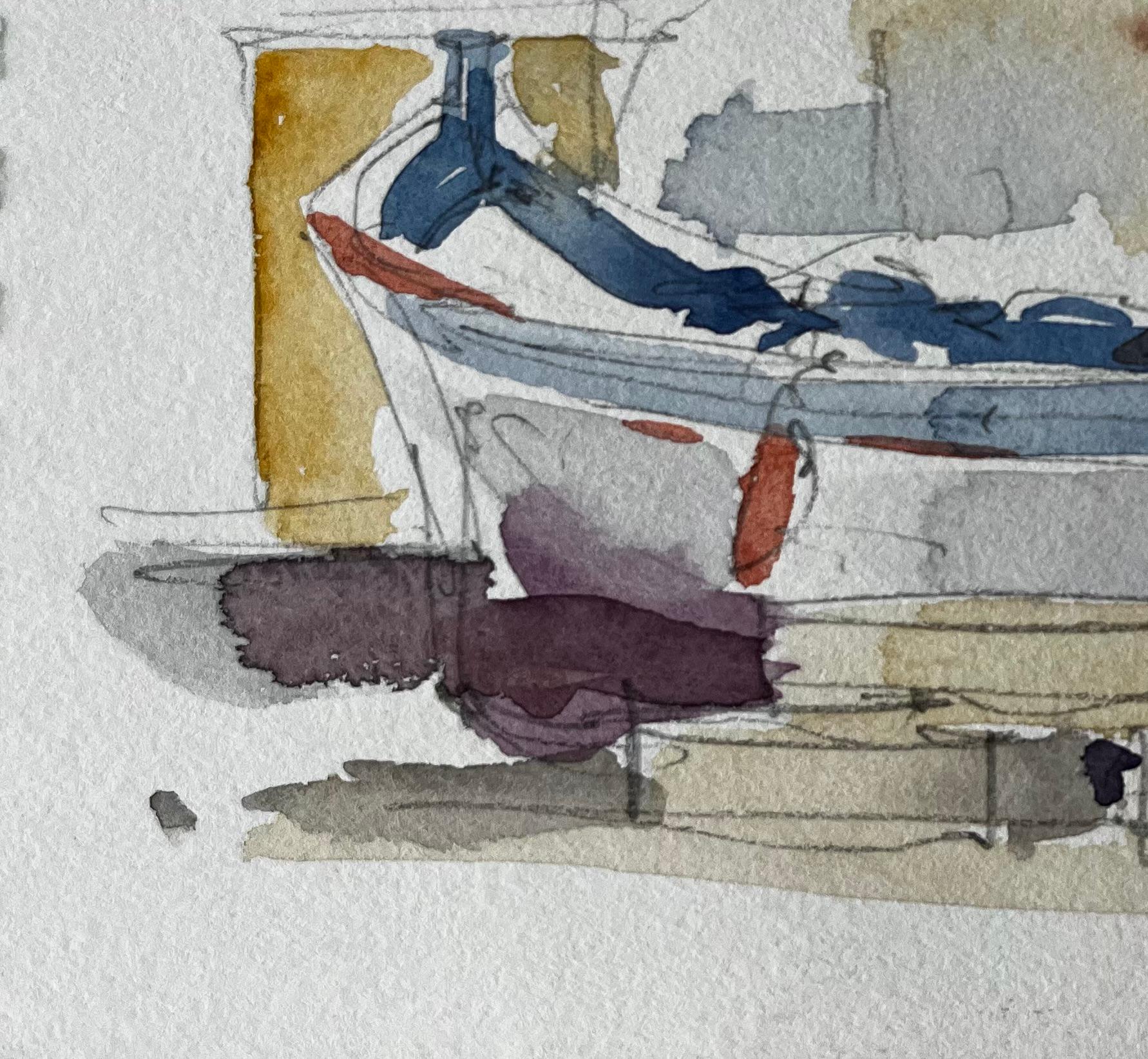 Titre : Pêcheur préparant son bateau Étude du port méditerranéen
Artistics : Pierre Neveu (français né en 1929)
Moyen d'expression : Aquarelle sur papier d'artiste, non encadrée
Taille (H x L) : 6 x 4 pouces
Condition : bonne dans l'ensemble ;