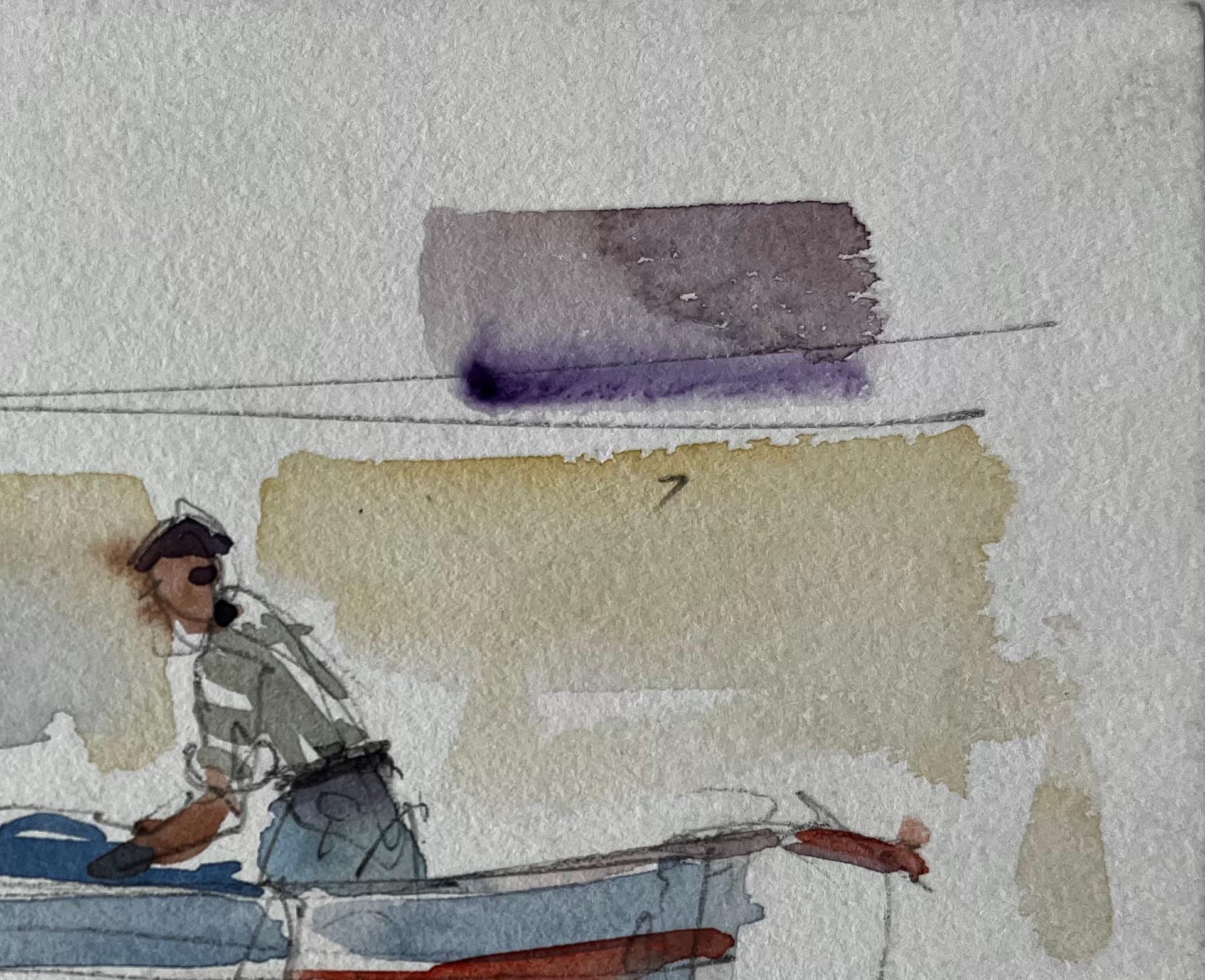 Pêcheur préparant son bateau Étude du port méditerranéen - Gris Landscape Art par Pierre Neveu