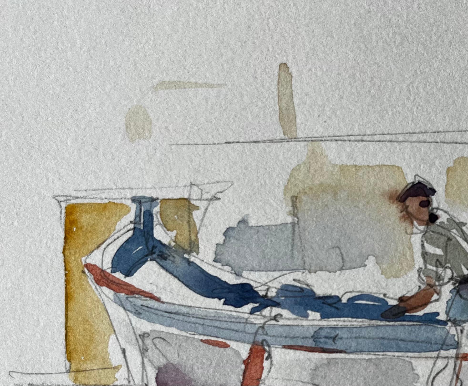 Pêcheur préparant son bateau Étude du port méditerranéen en vente 1