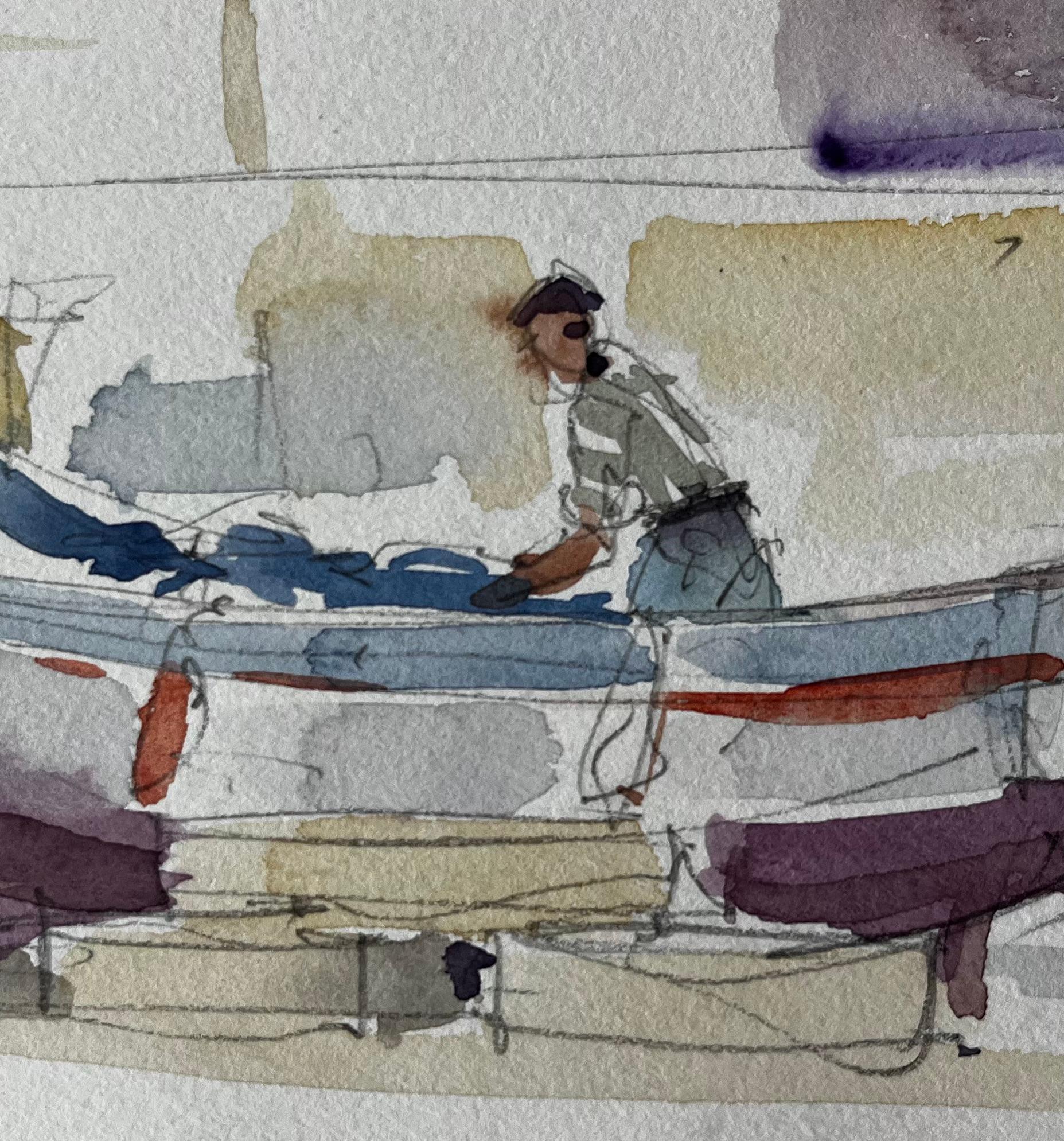 Pêcheur préparant son bateau Étude du port méditerranéen en vente 2