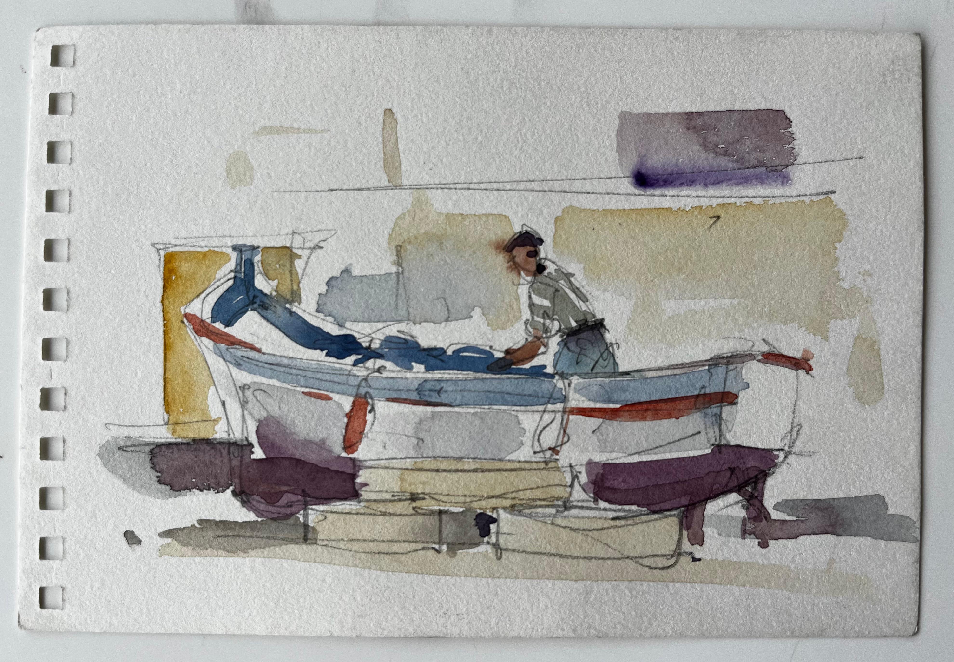 Pêcheur préparant son bateau Étude du port méditerranéen - Art de Pierre Neveu