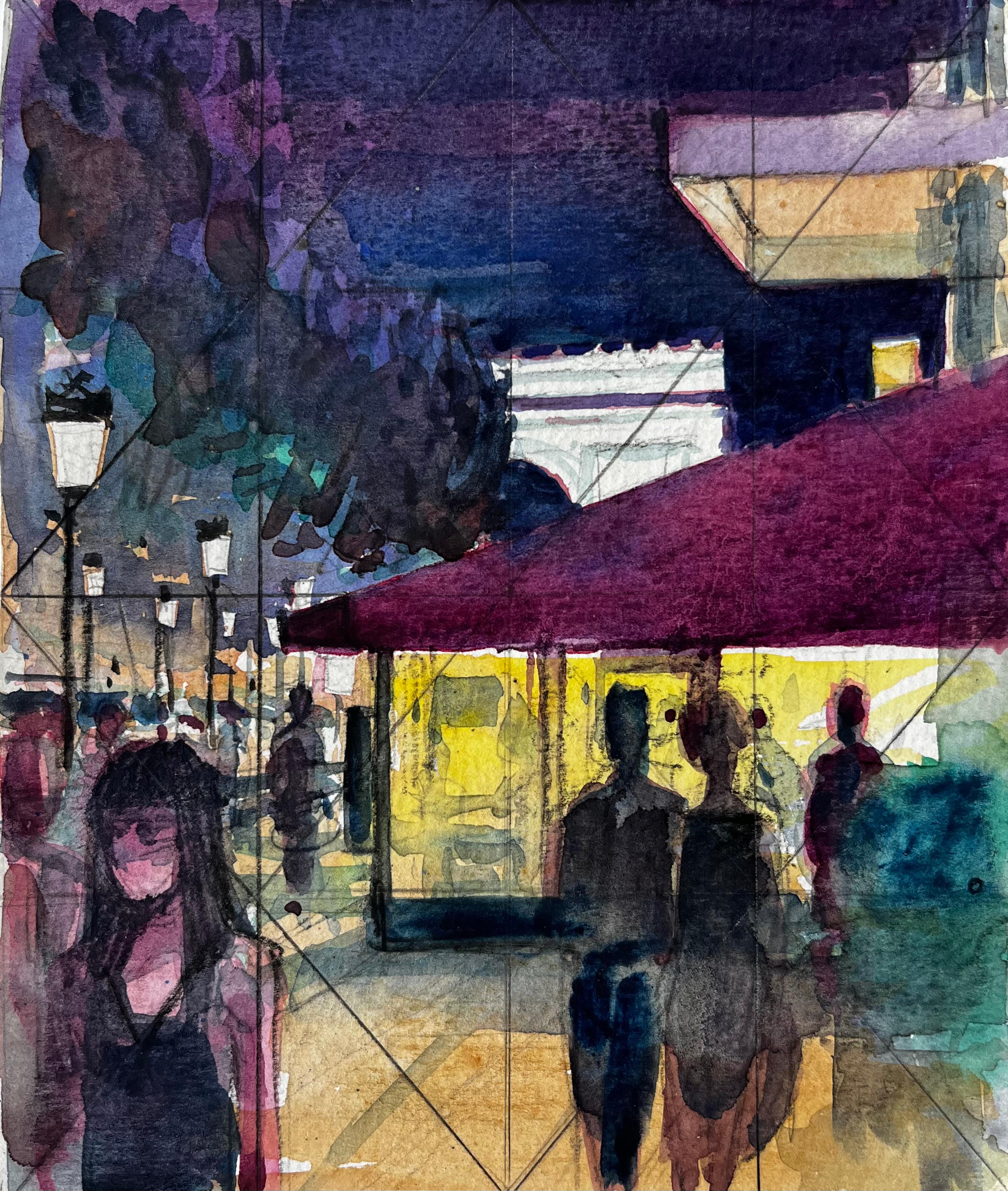 Escena callejera nocturna con figuras y toldo de neón Estudio Nocturno Mediterráneo