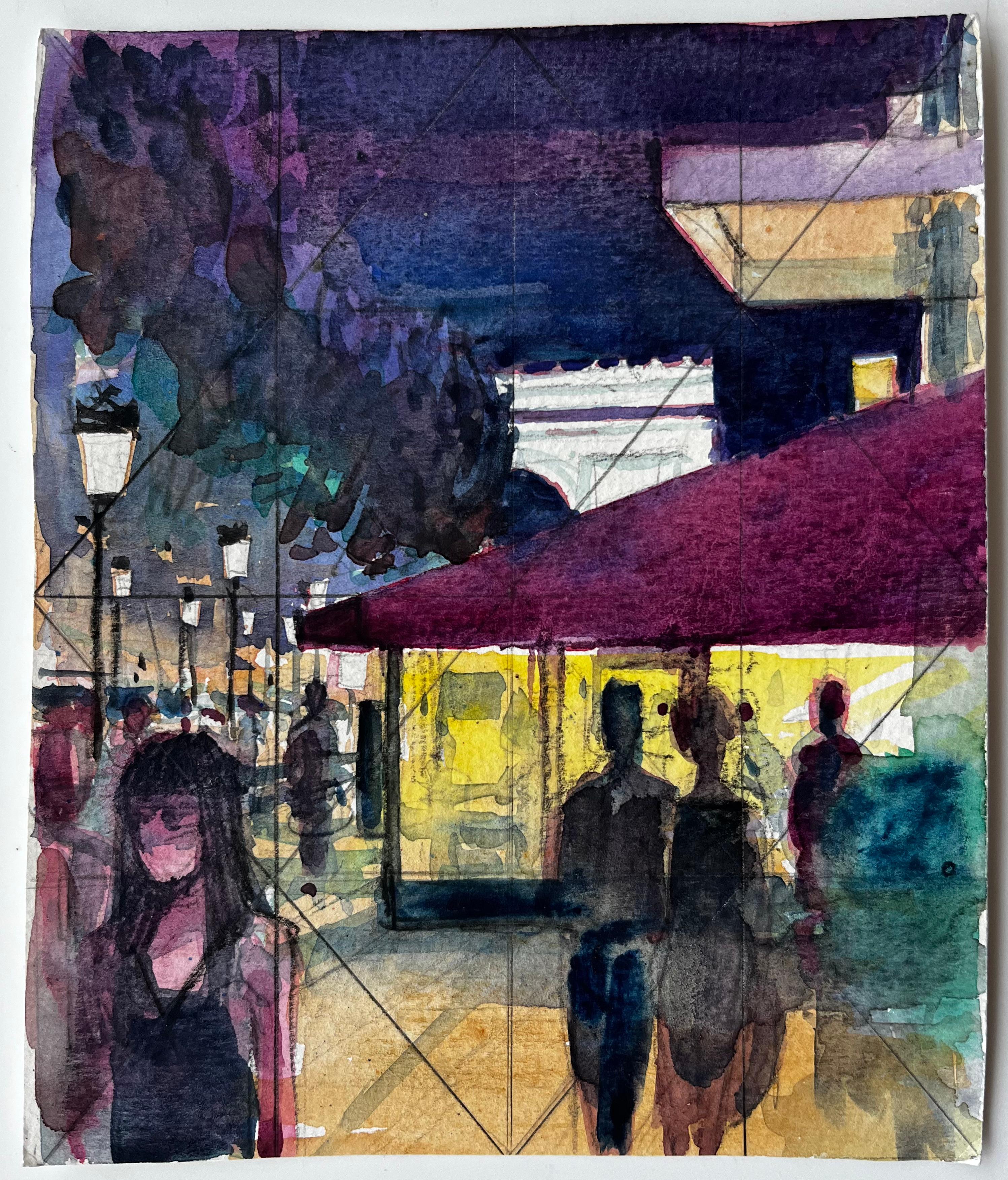 Escena callejera nocturna con figuras y toldo de neón Estudio Nocturno Mediterráneo - Painting de Pierre Neveu