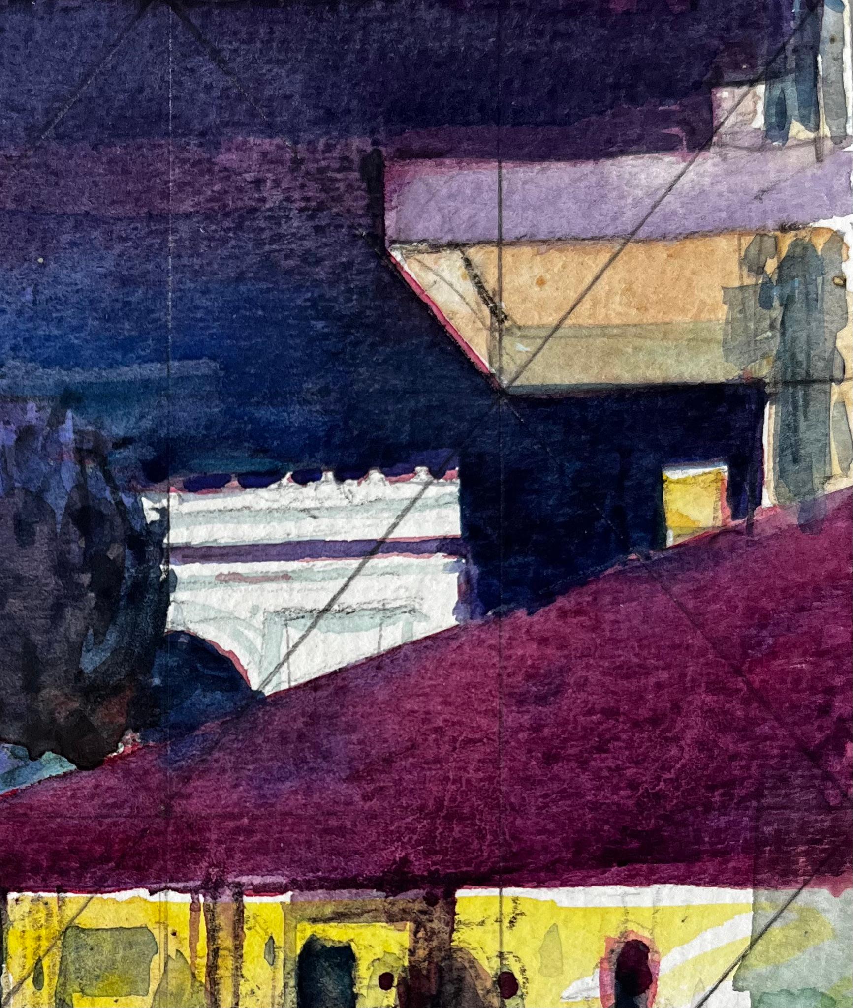 Escena callejera nocturna con figuras y toldo de neón Estudio Nocturno Mediterráneo - Figurative Painting Negro de Pierre Neveu