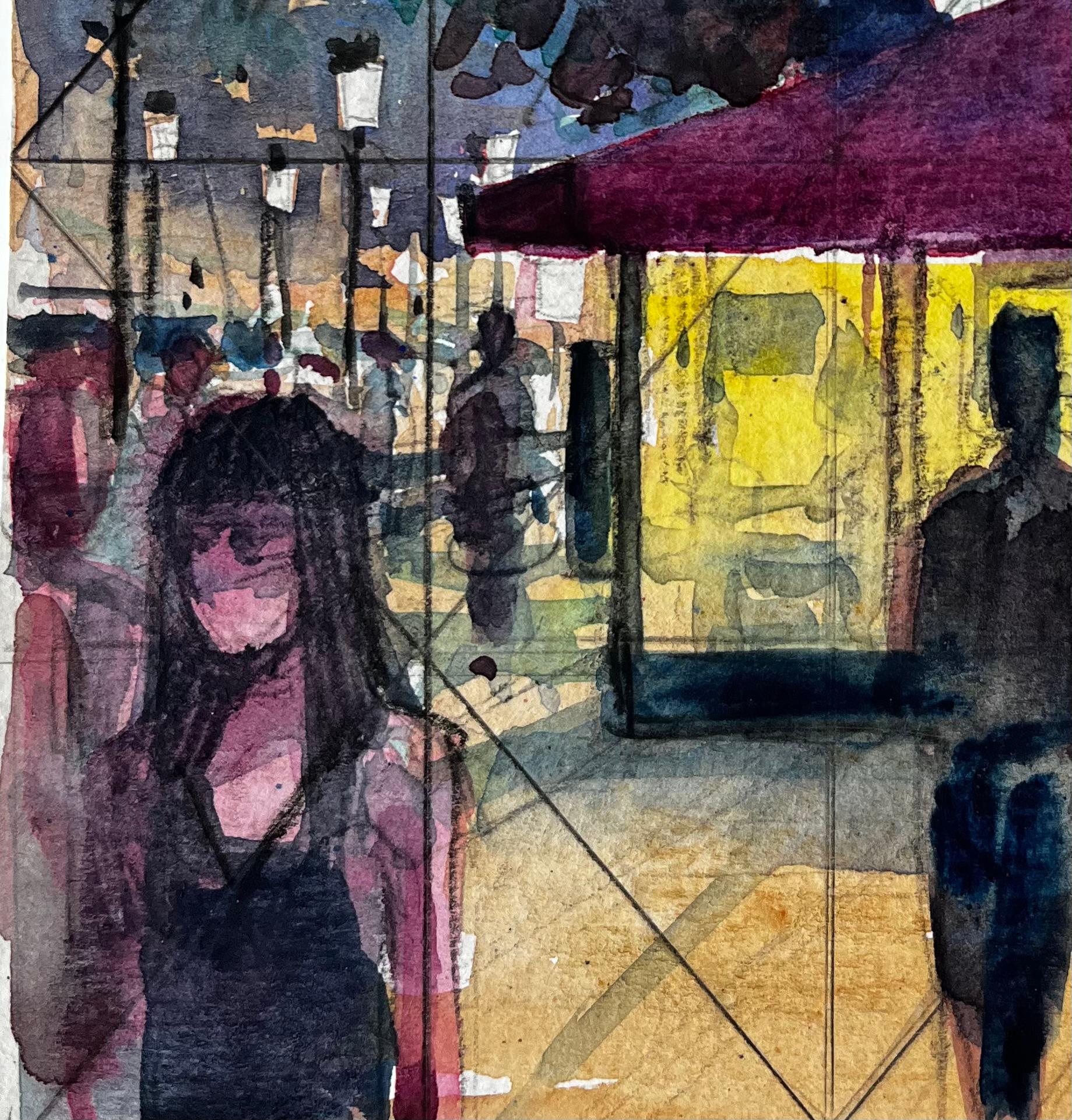 Título: Escena callejera nocturna con figuras y toldo de neón Estudio Nocturno Mediterráneo
Artista: Pierre Neveu (francés n.1929)
Técnica: Acuarela sobre papel de artista, sin enmarcar
Tamaño (A x A): 7,25 x 6,25 pulgadas
Estado: bueno en general;