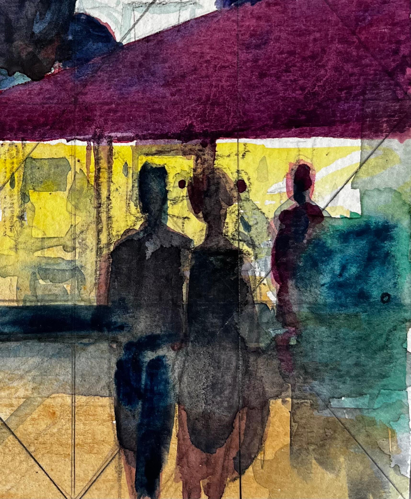 Escena callejera nocturna con figuras y toldo de neón Estudio Nocturno Mediterráneo - Painting Posimpresionista de Pierre Neveu