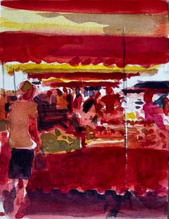 Provençal Market Scene Under Red and Yellow Awnings French Riviera Study