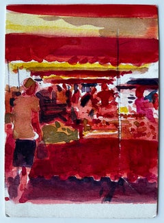 Provençal Market Scene Under Red and Yellow Awnings French Riviera Study