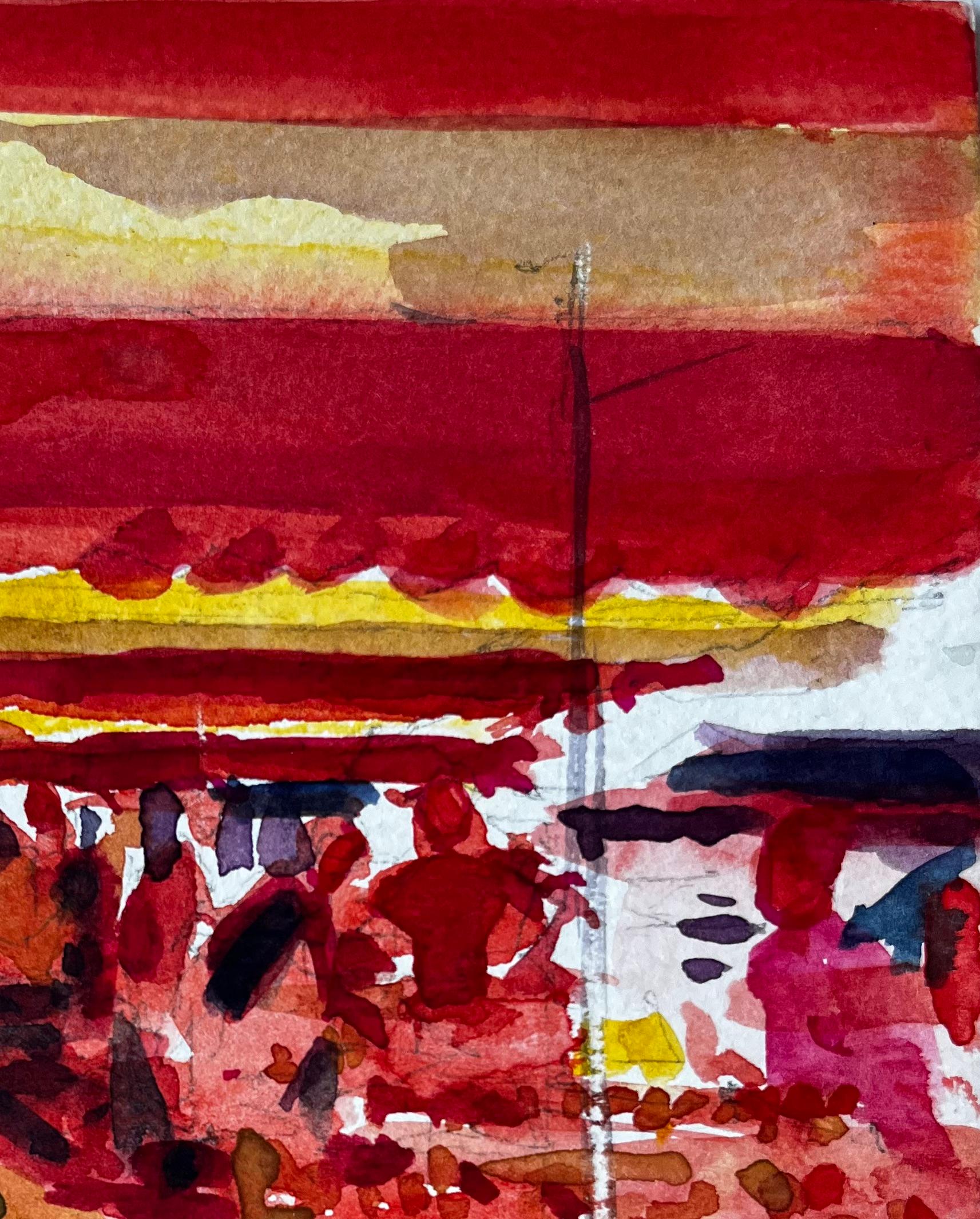 Title: Provençal Market Scene Under Red and Yellow Awnings French Riviera Study
Artist: Pierre Neveu (French b.1929)
Medium: Watercolour on artists paper, unframed
Size (H x W): 7 x 5 inches
Condition: good overall, colours rich and