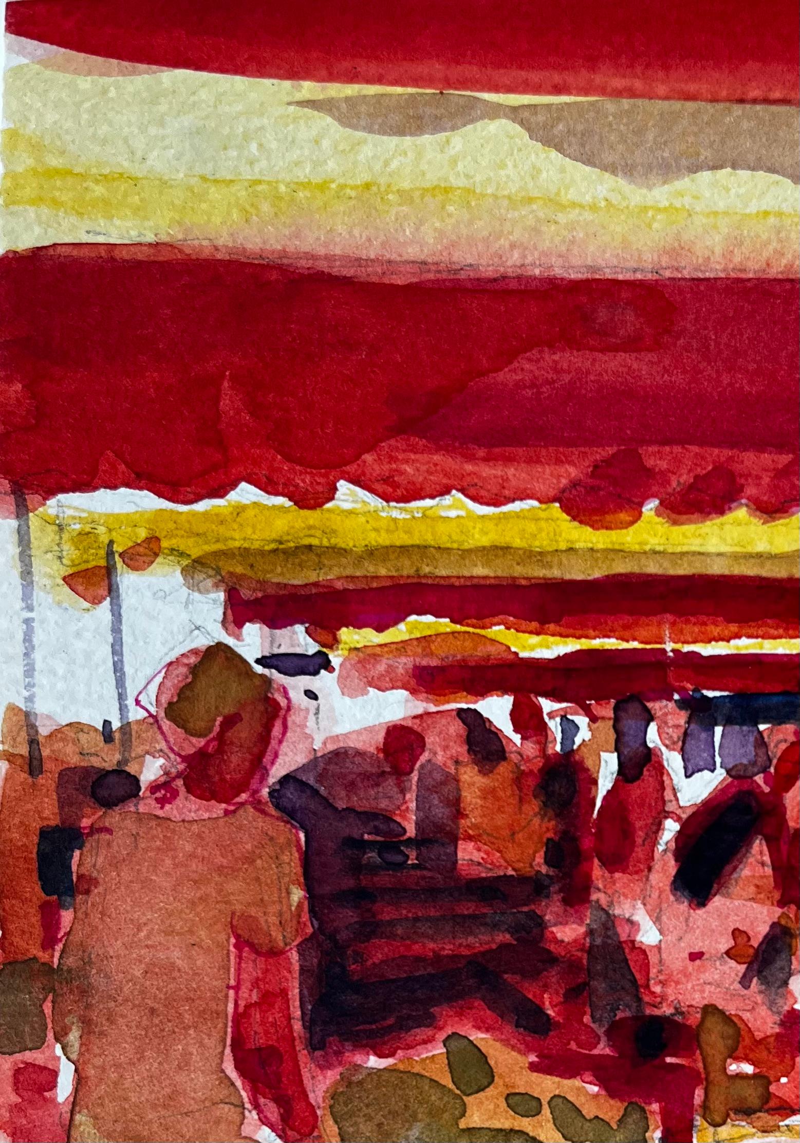 Provençal Market Scene Under Red and Yellow Awnings French Riviera Study - Post-Impressionist Painting by Pierre Neveu