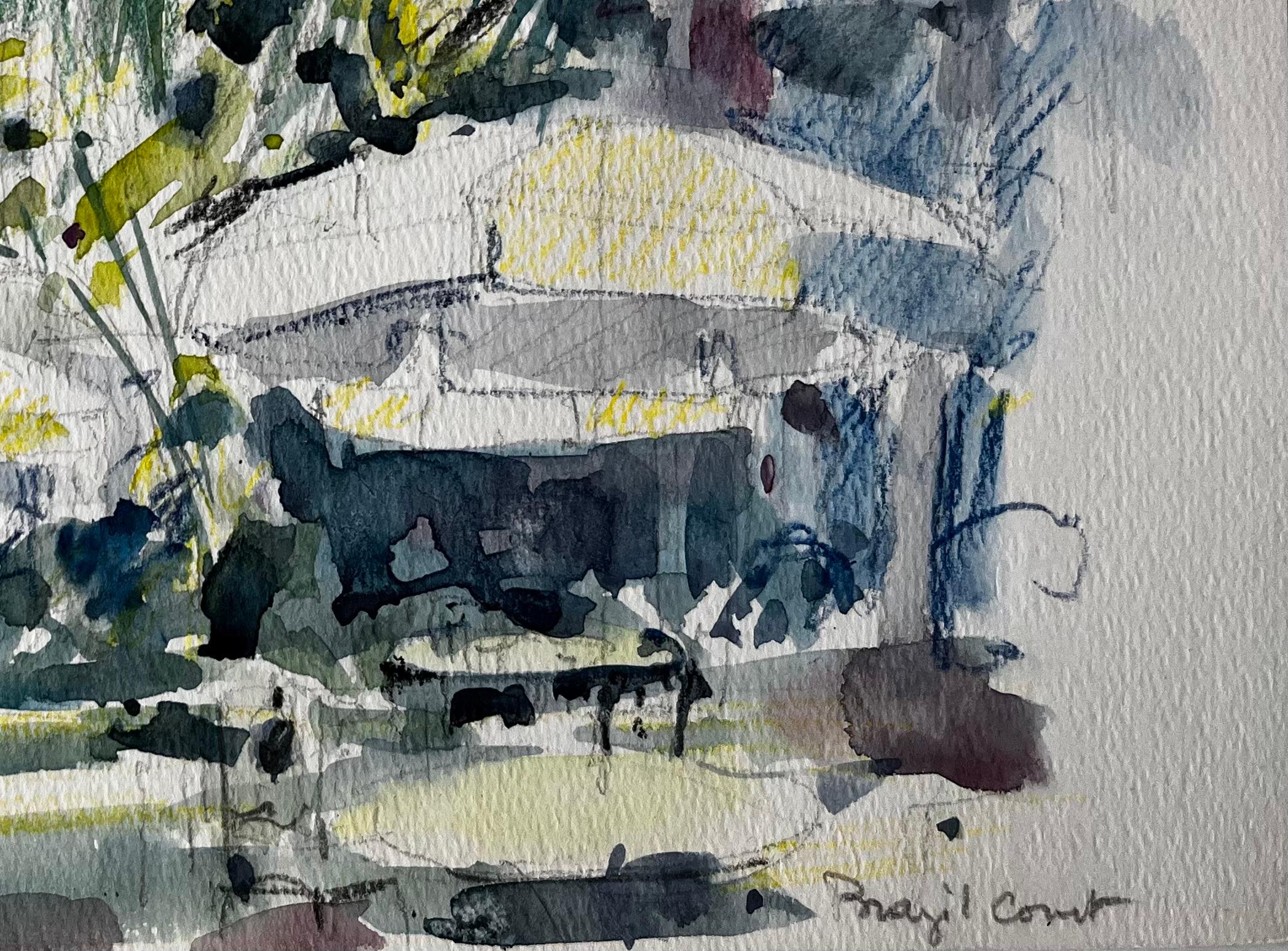 Estudio en acuarela de la Terraza y Jardín de la Corte Real de Montecarlo - Figurative Painting Gris de Pierre Neveu