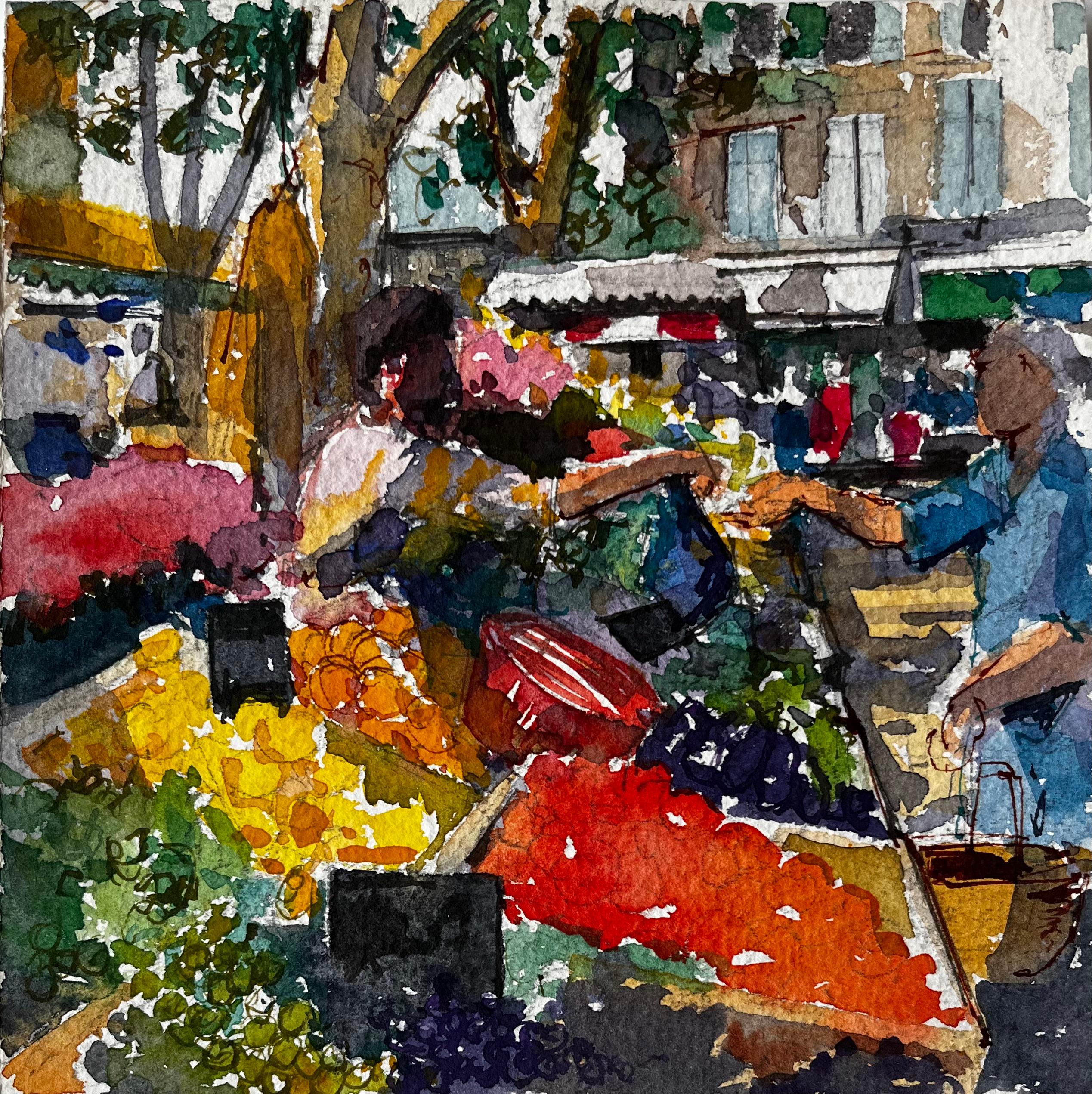Provençal Market Scene with Fruit Stalls French Riviera Watercolour Study