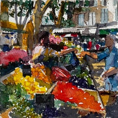 Provençal Market Scene with Fruit Stalls French Riviera Watercolour Study