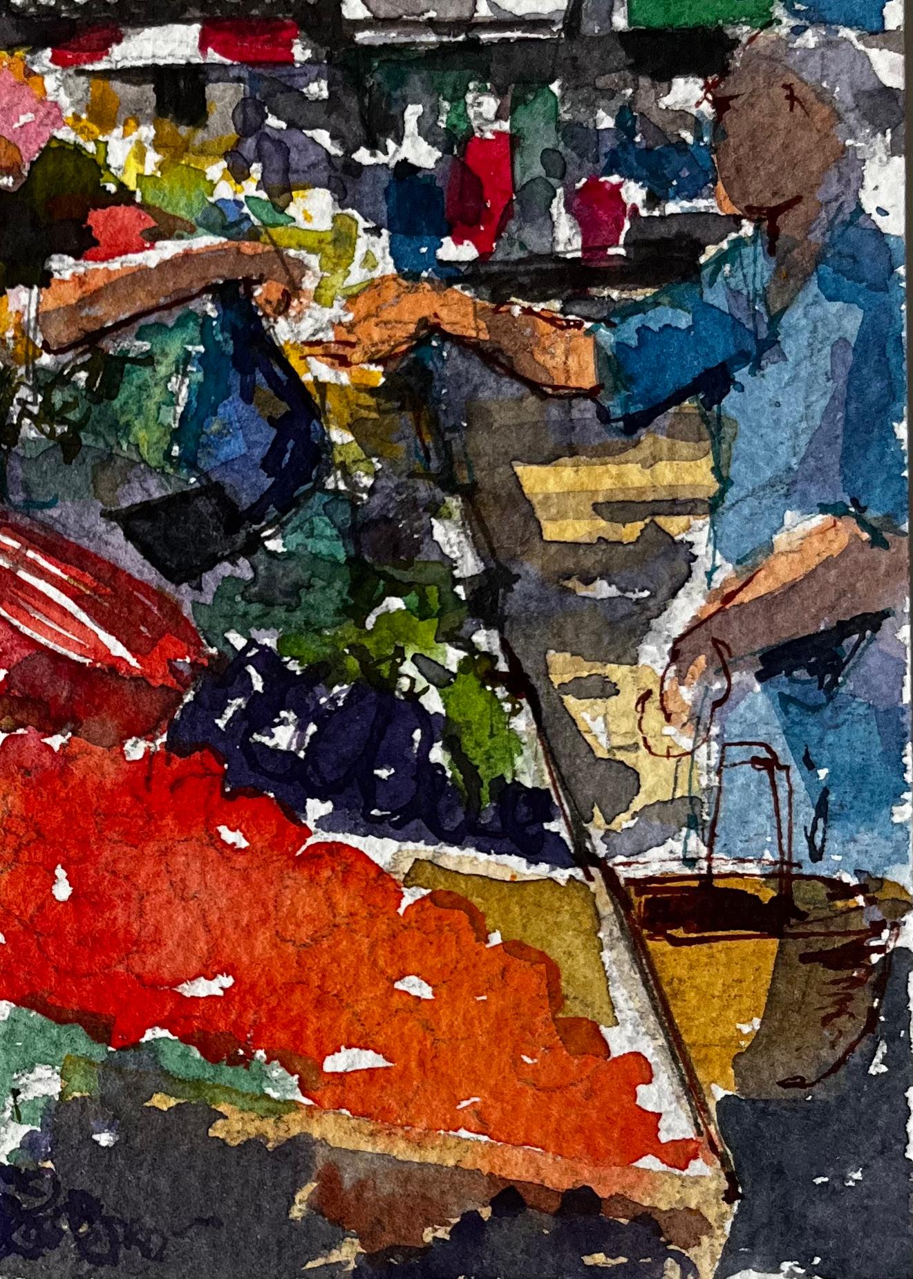 Provençal Market Scene with Fruit Stalls French Riviera Watercolour Study - Post-Impressionist Painting by Pierre Neveu