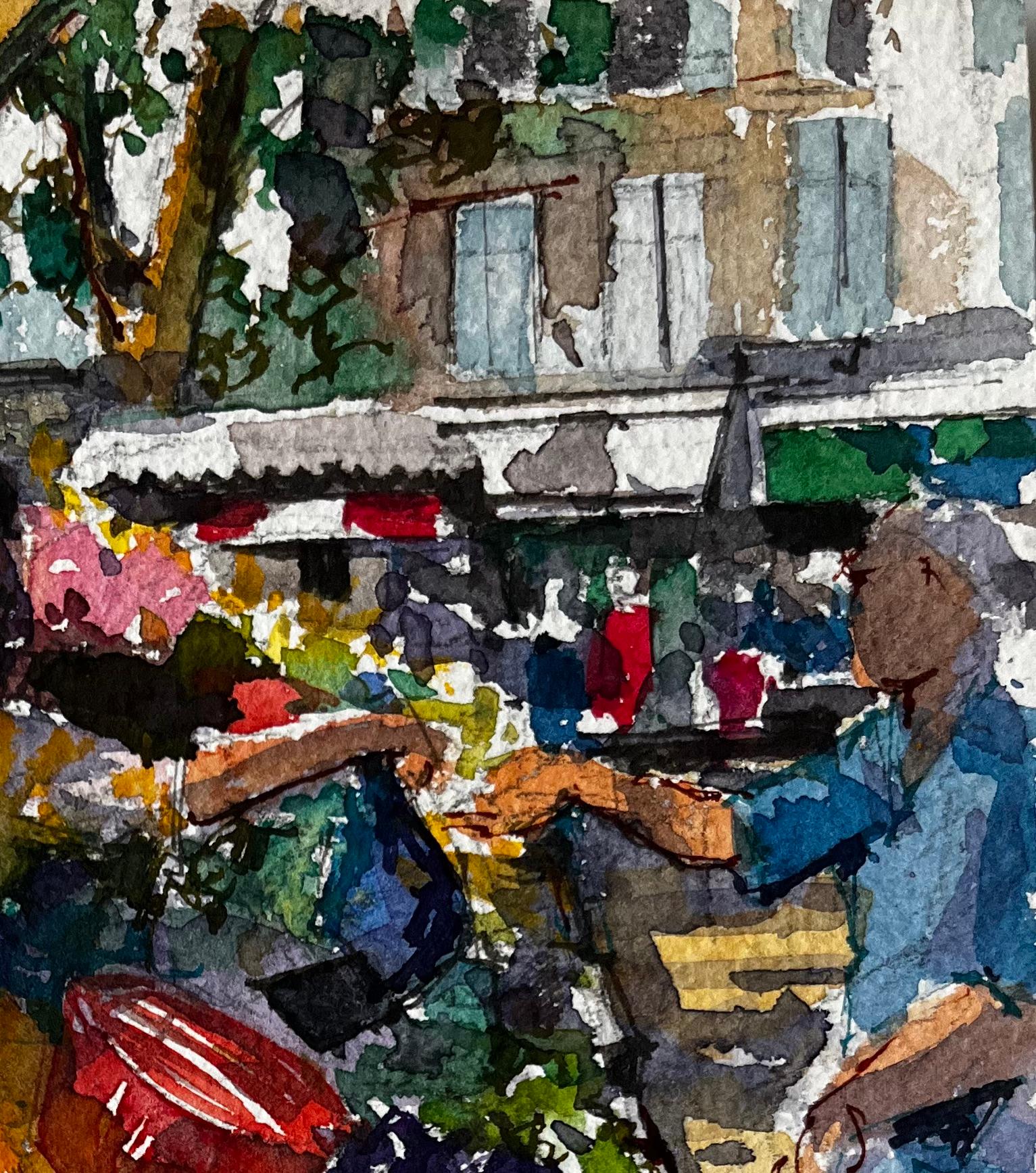 Provençal Market Scene with Fruit Stalls French Riviera Watercolour Study For Sale 1