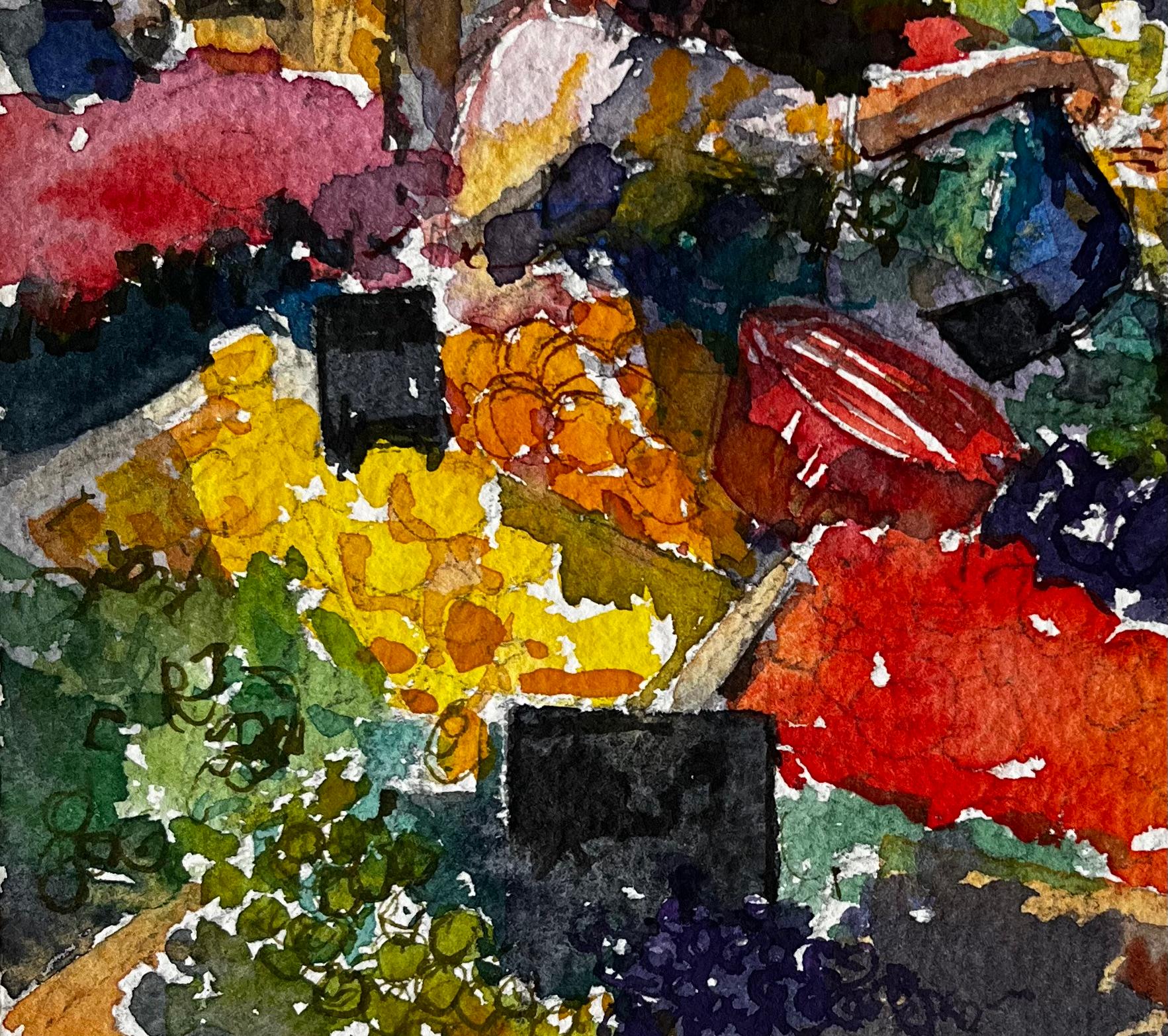 Provençal Market Scene with Fruit Stalls French Riviera Watercolour Study - Black Figurative Painting by Pierre Neveu