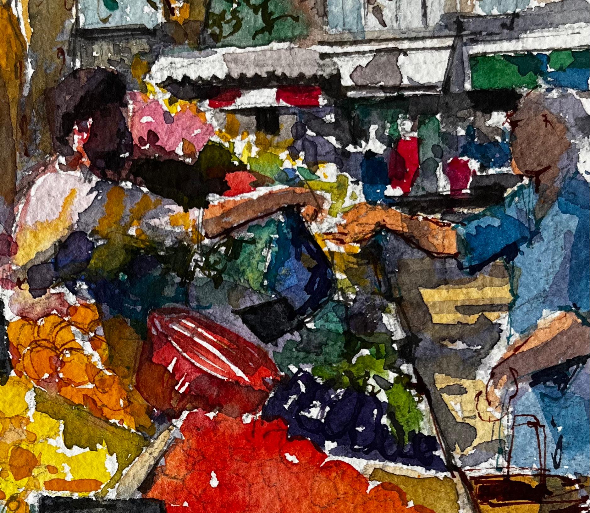 Provençal Market Scene with Fruit Stalls French Riviera Watercolour Study For Sale 2