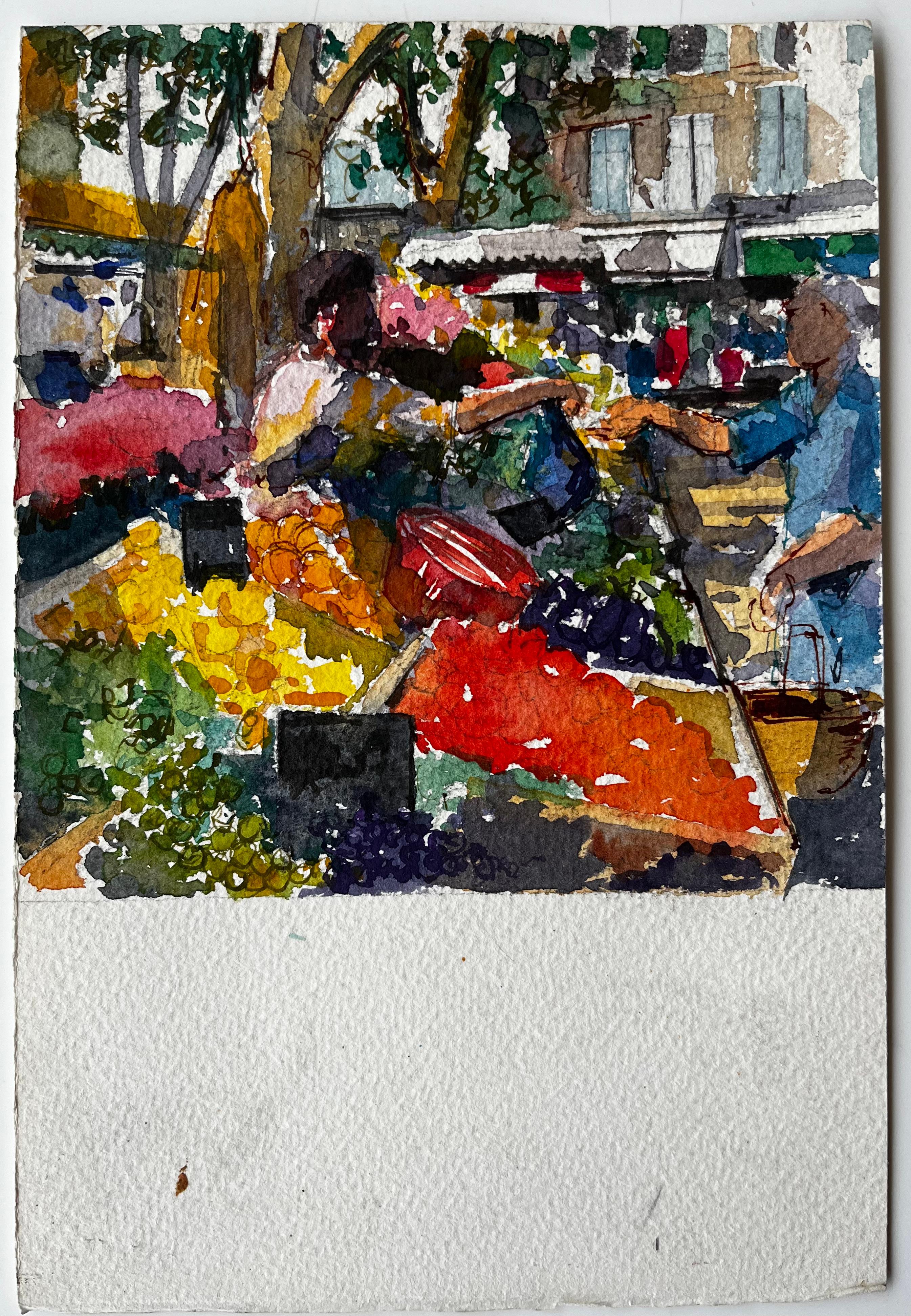 Provençal Market Scene with Fruit Stalls French Riviera Watercolour Study - Painting by Pierre Neveu